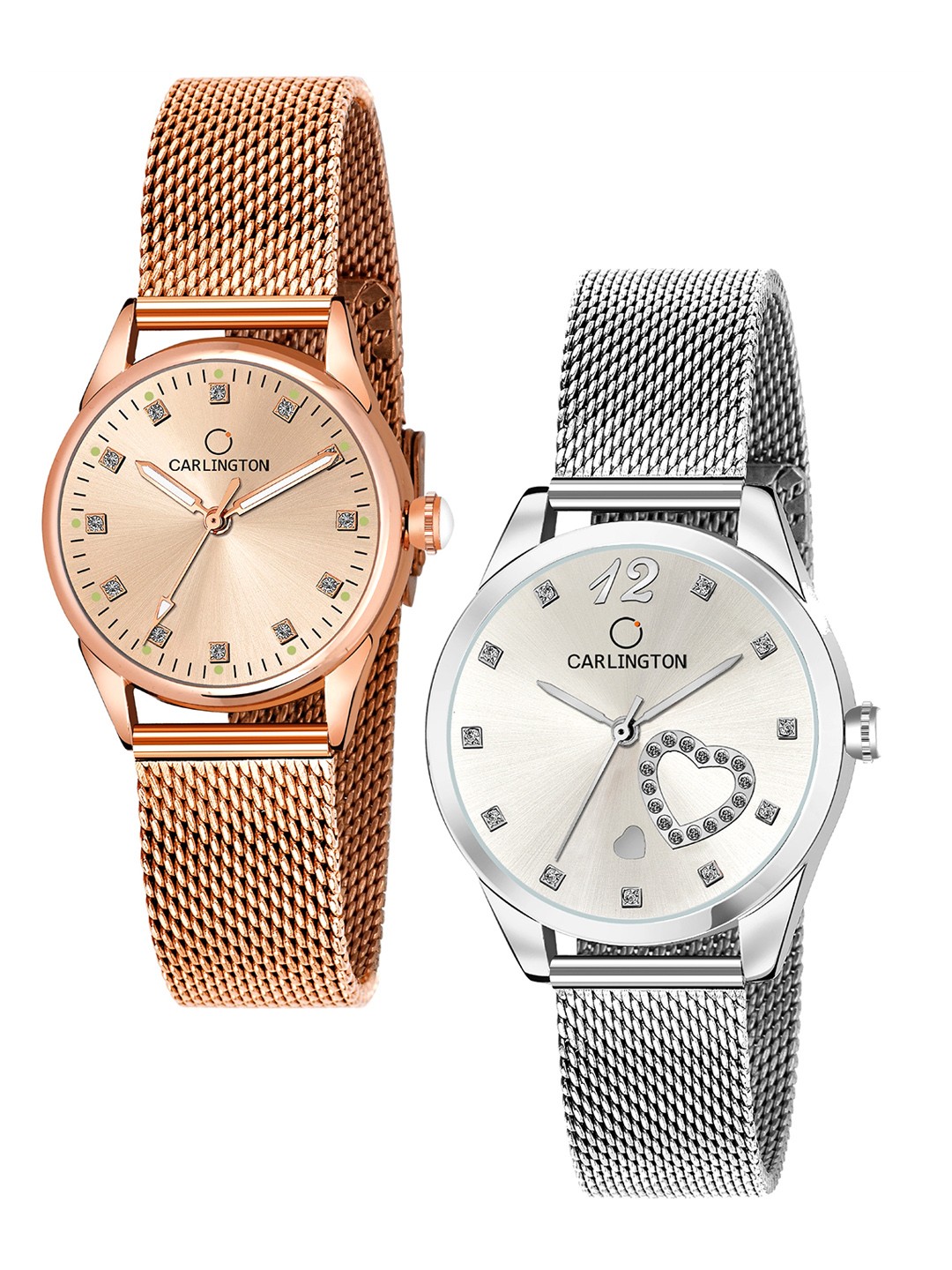 

CARLINGTON Women Set Of 2 Bracelet Straps Watches CT2003 RoseGold-CT2006 Silver, Rose gold