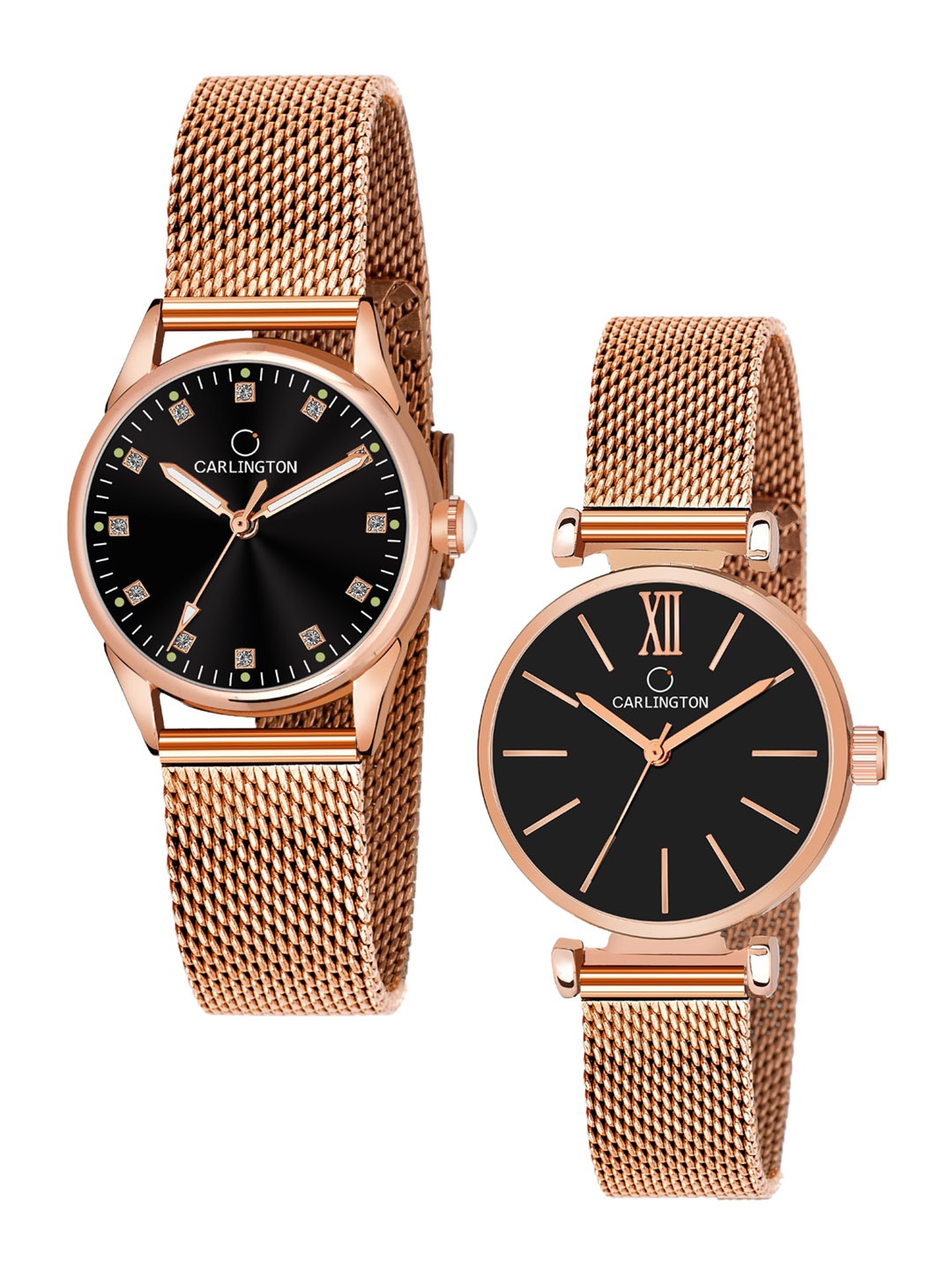 

CARLINGTON Women Set Of 2 Black Dial & Rose Gold Toned Stainless Steel Bracelet Analogue Watch CT2003 RoseBlack-CT2016 RoseBlack
