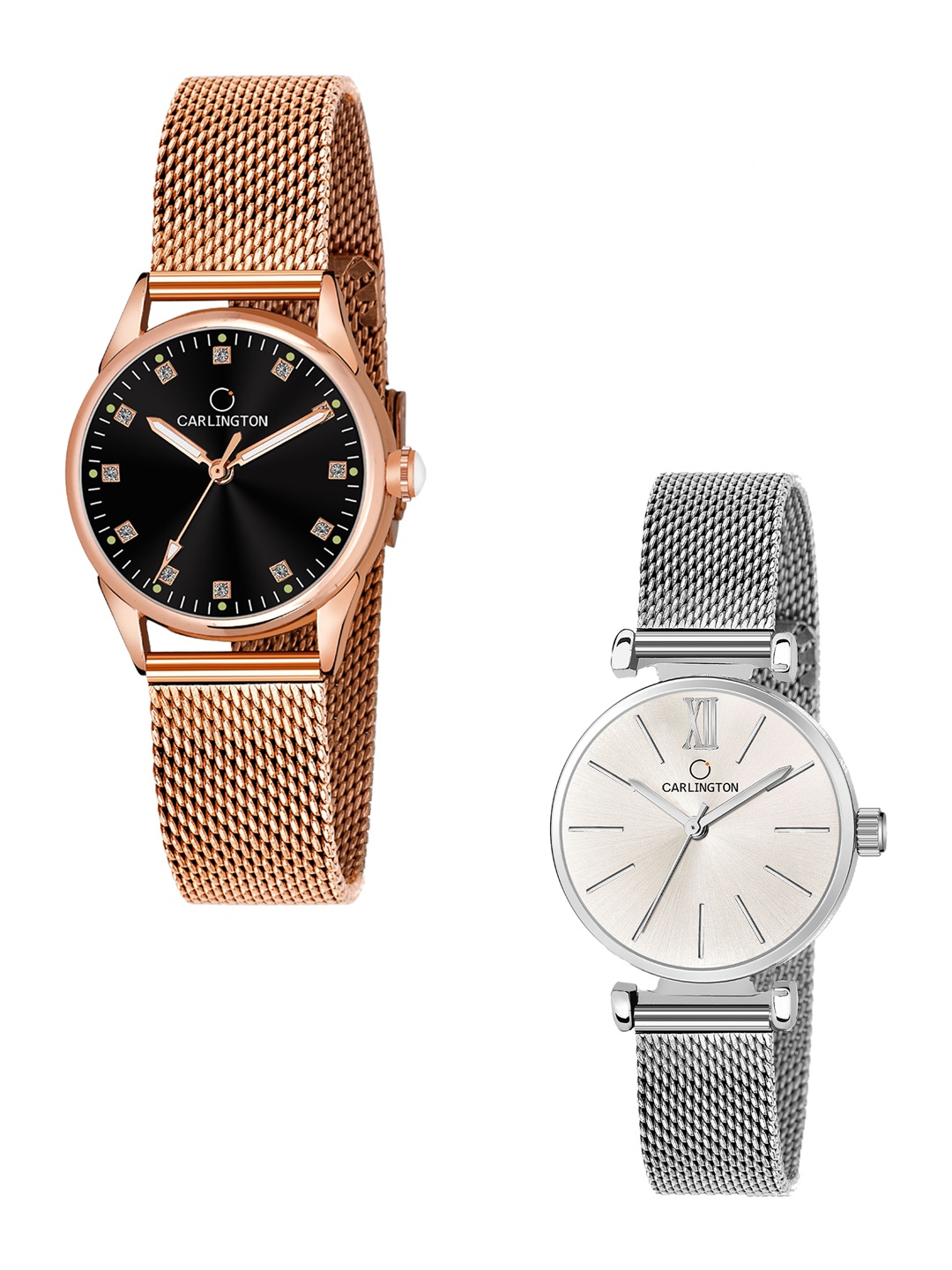 

CARLINGTON Women Pack Of 2 Stainless Steel Bracelet Style Straps Analogue Watches, Gold