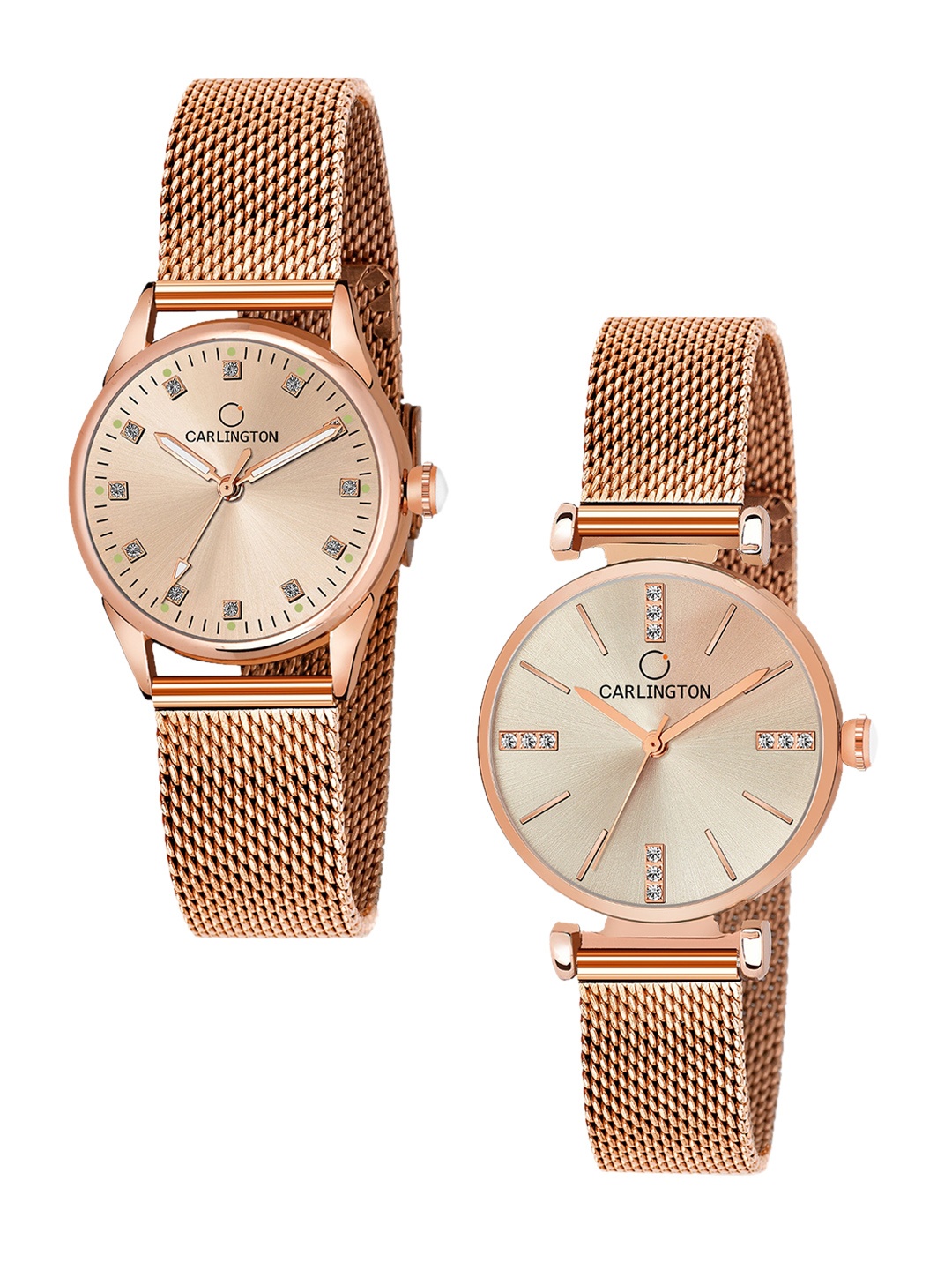 

CARLINGTON Women Set of 2 Rose Gold Toned Stainless Steel Bracelet Style Straps Watch