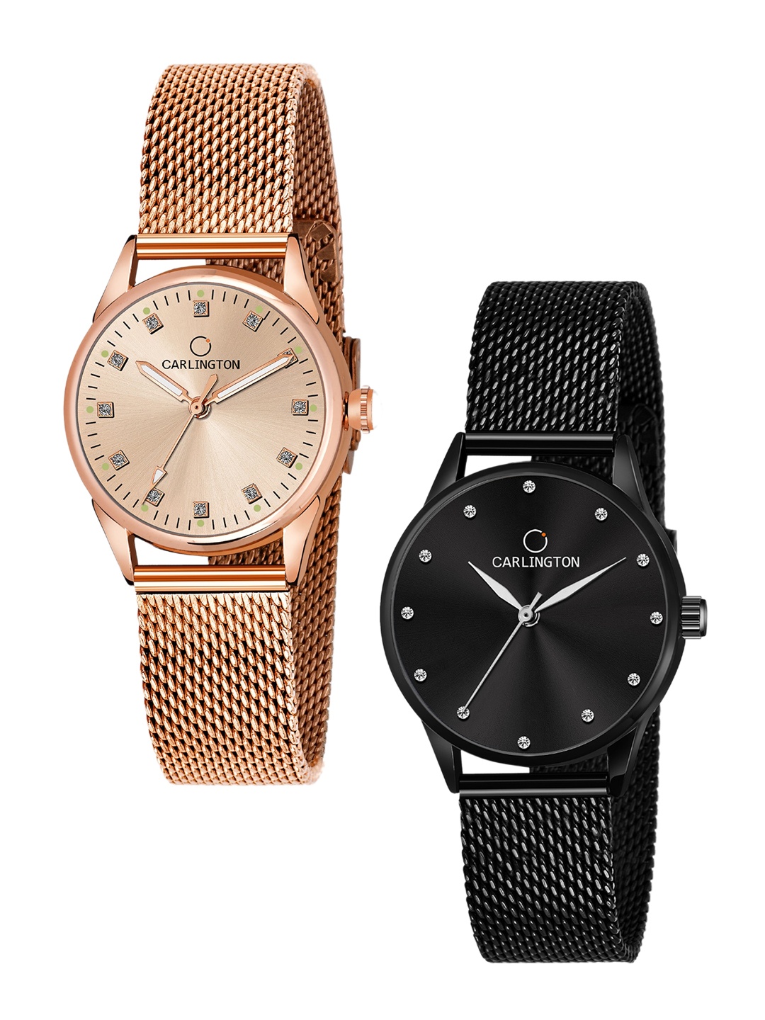 

CARLINGTON Women Set of 2 Stainless Steel Bracelet Style Straps Watch, Rose gold