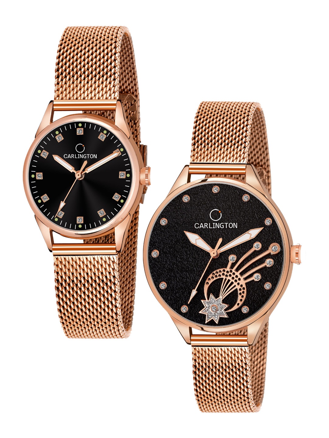 

CARLINGTON Women Pack Of 2 Stainless Steel Bracelet Style Straps Analogue Watches, Gold
