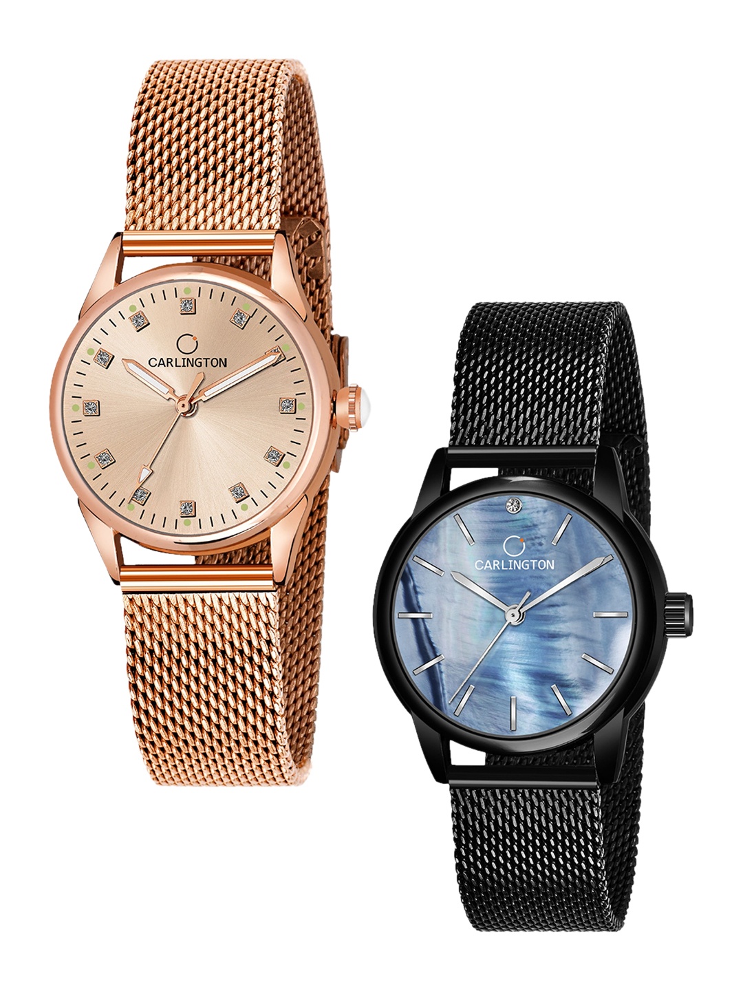 

CARLINGTON Pack of 2 Women Analogue Watch - CT2003 RoseGold-CT2010 BlackBlue, Multi