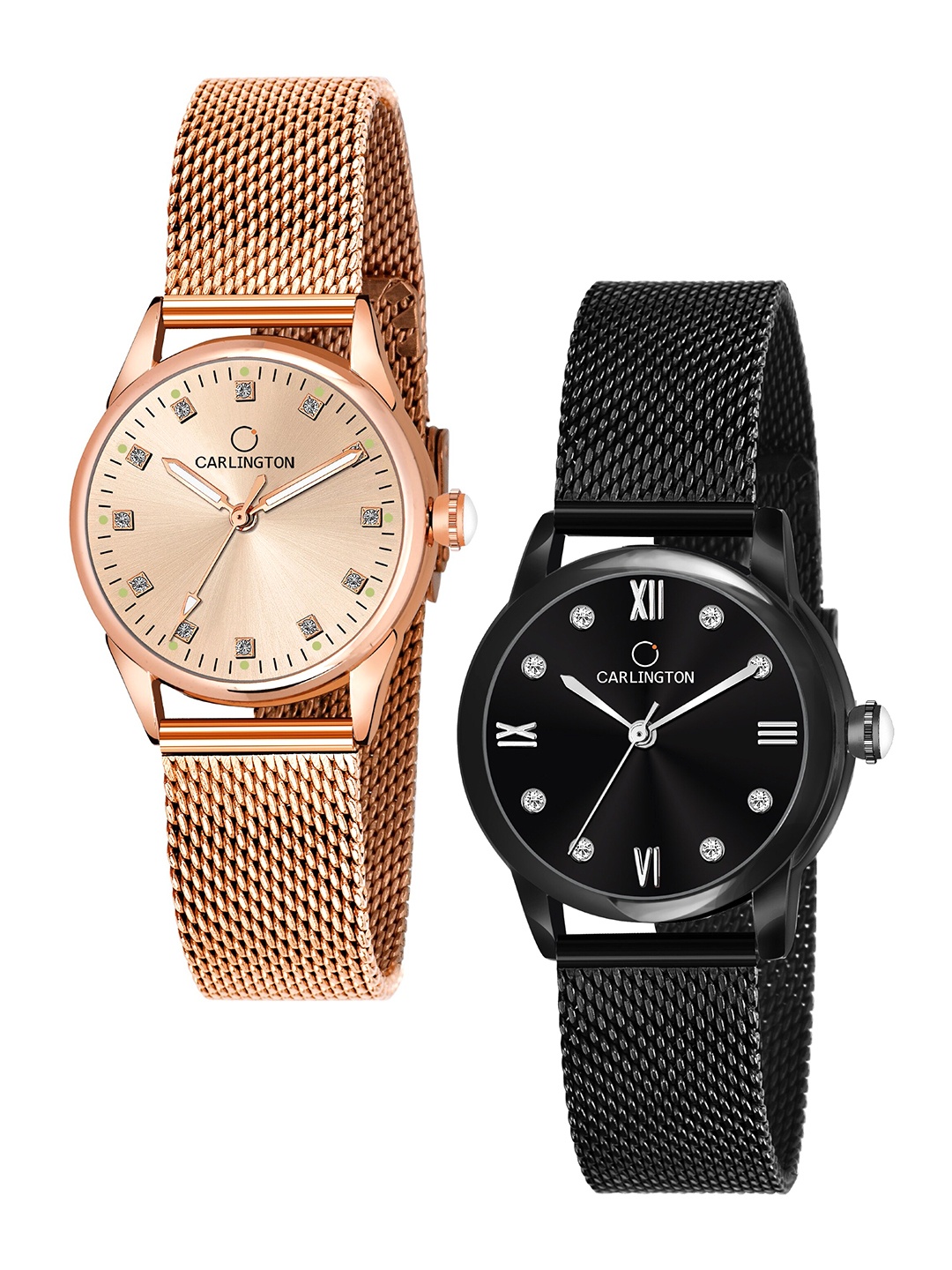 

CARLINGTON Women Set Of 2 Multicoloured Dial & Stainless Steel Bracelet Analogue Watch CT2003 RoseGold-CT2005 Black, Multi