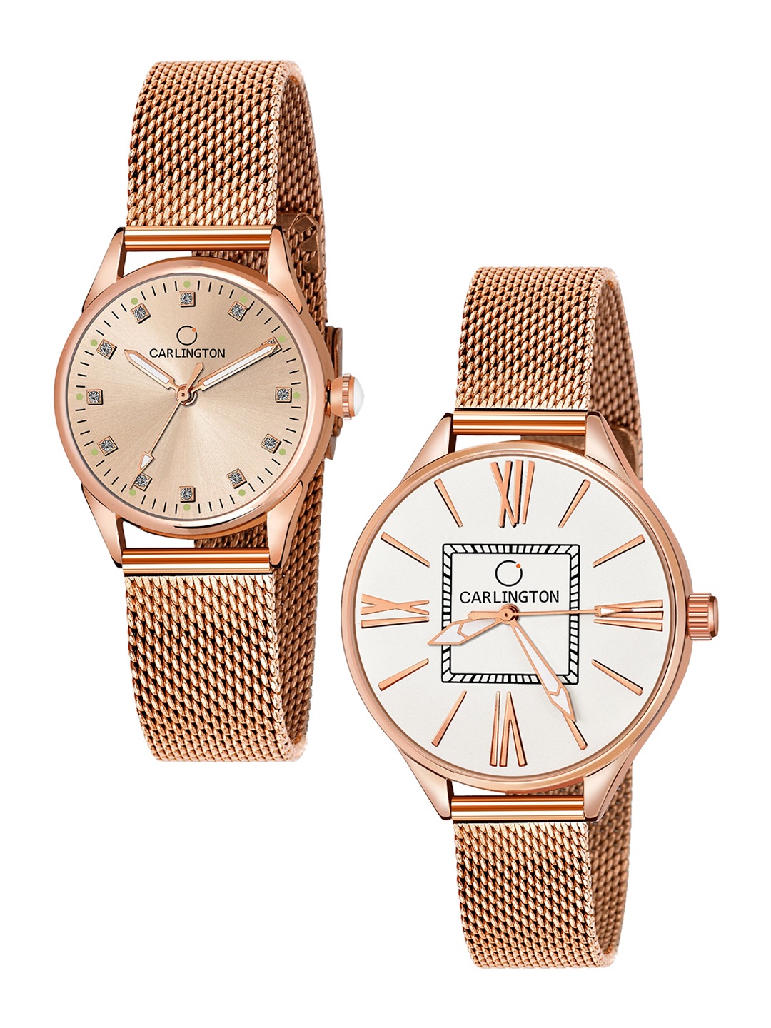 

CARLINGTON Women Set of 2 Rose Gold Toned Stainless Steel Bracelet Style Straps Watch