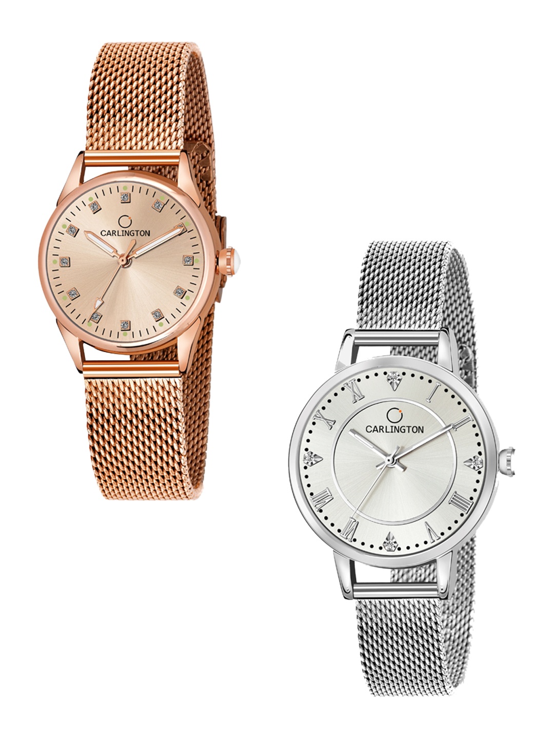 

CARLINGTON Women Pack of 2 Stainless Steel Bracelet Style Straps Analogue Watch, Rose gold