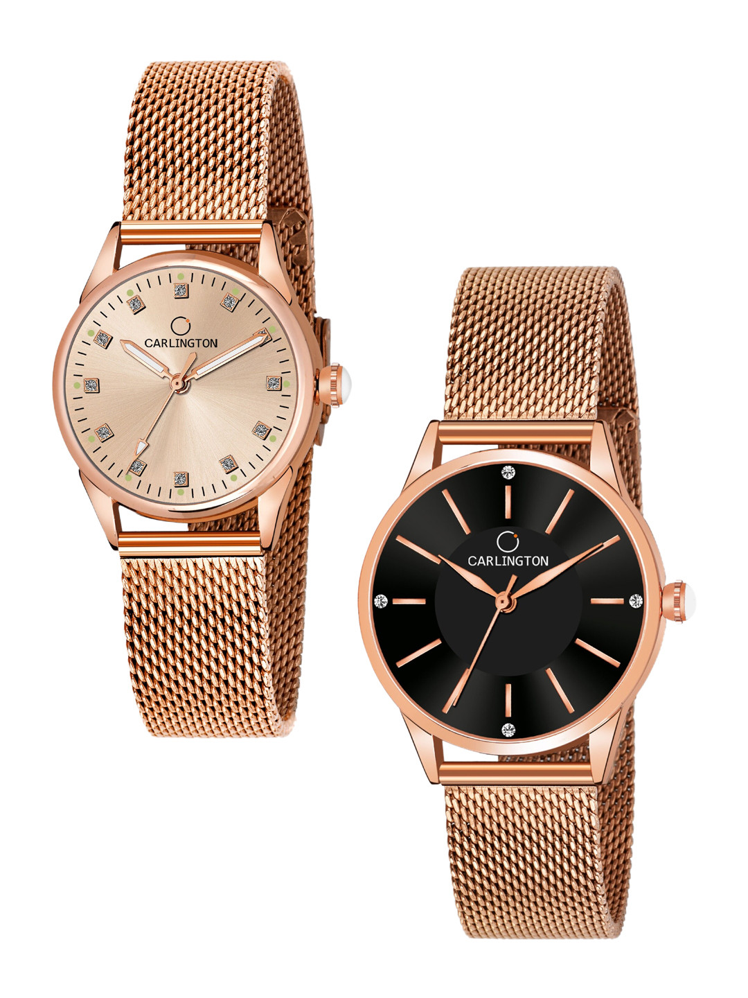 

CARLINGTON Women Pack of 2 Stainless Steel Bracelet Style Straps Analogue Watch, Rose gold