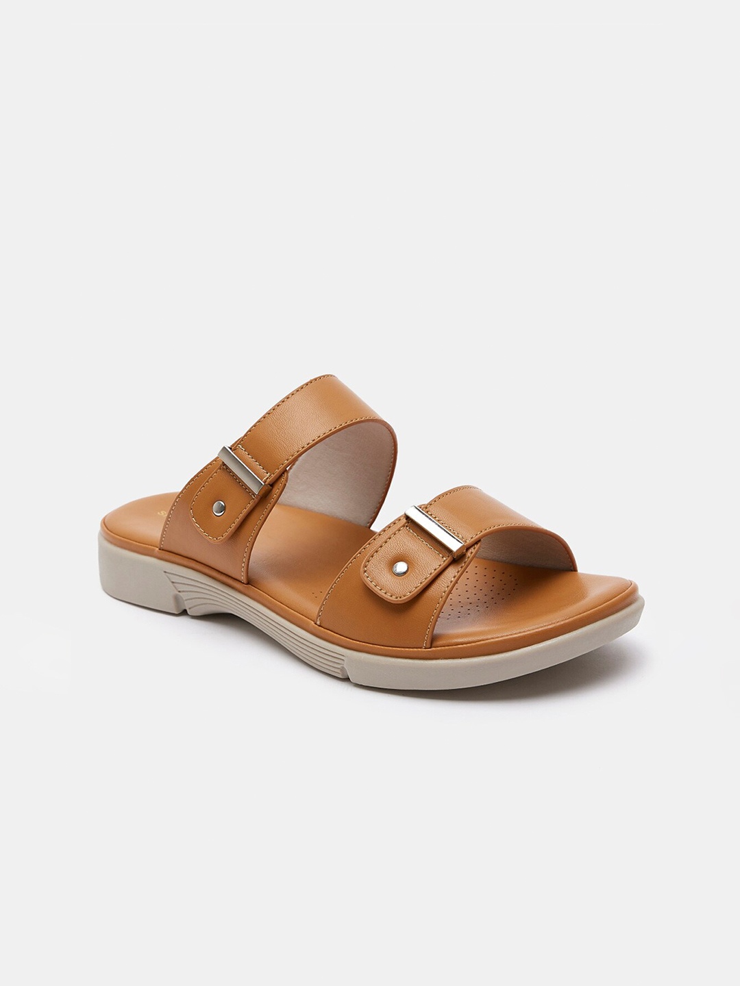 

shoexpress Women Brown Open Toe Flats With Metal Accent