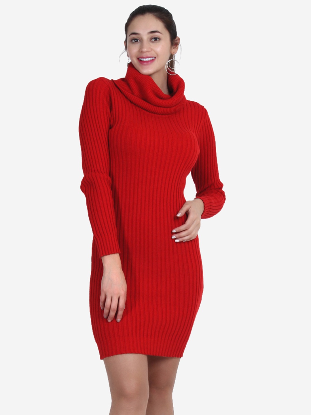 

JoE Hazel Red Solid Pure Cotton Cowl Neck Jumper Dress