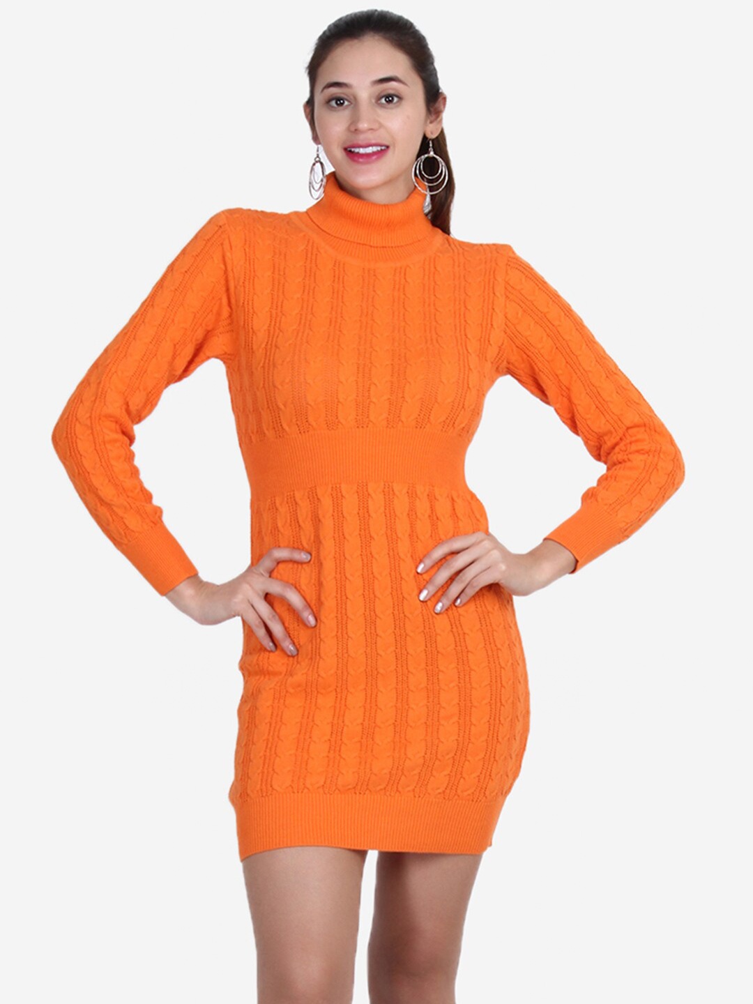 

JoE Hazel Women Orange Cable Knitted Cotton Sweater Dress