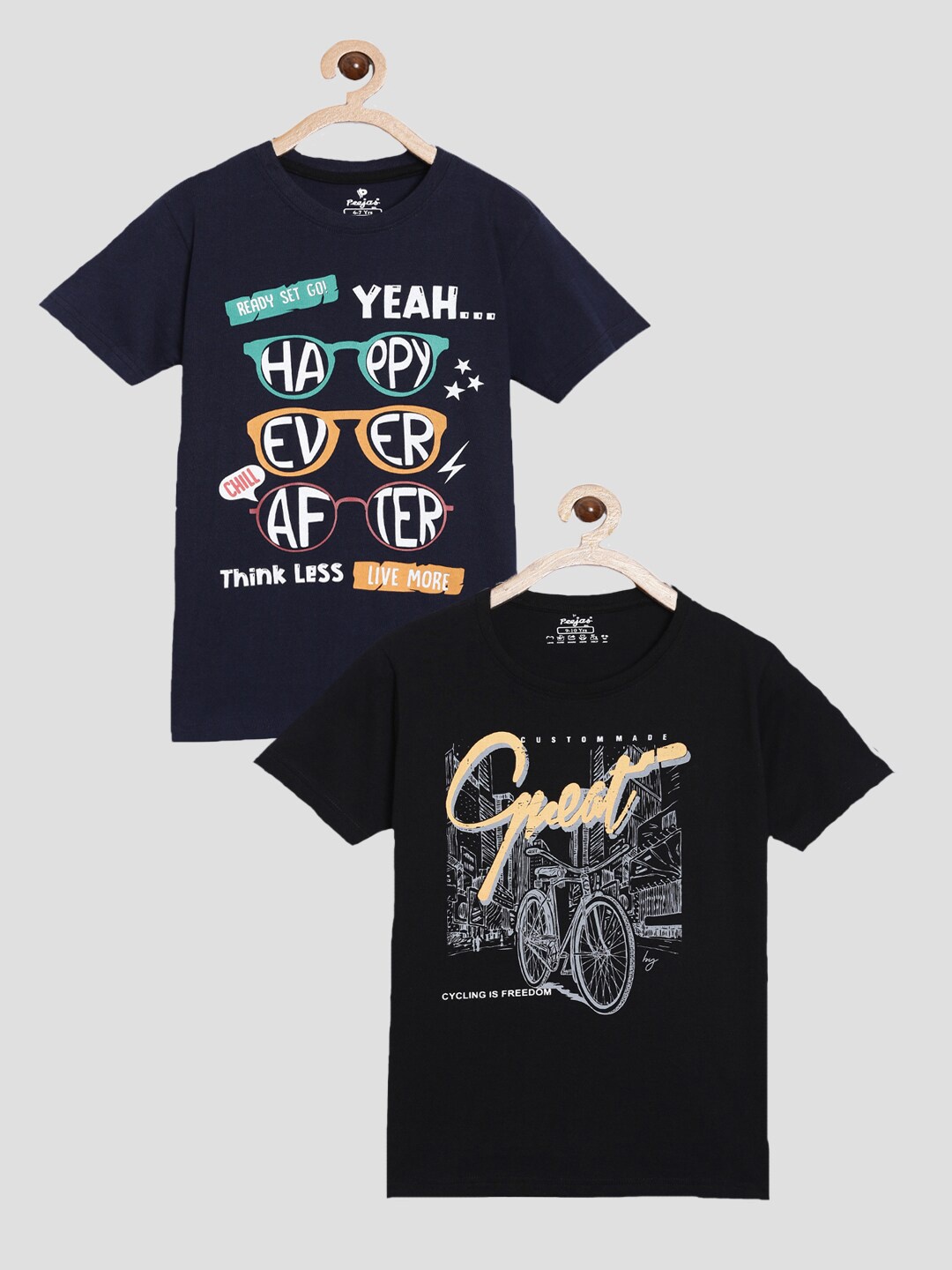 

Peejas Boys Pack of 2 Navy Blue & Black Typography Printed Pure Cotton T-shirt