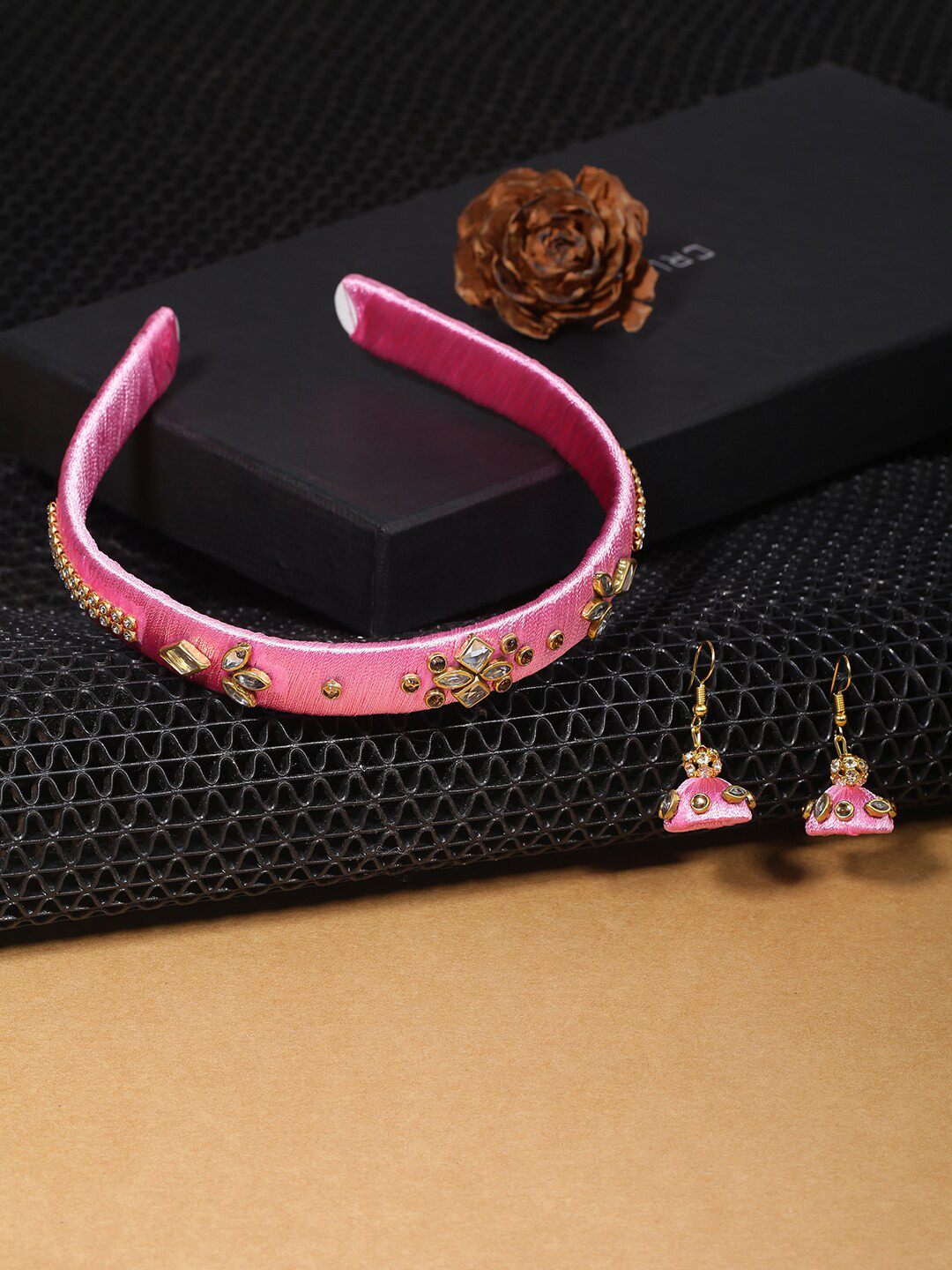 

AKSHARA Girls Rose & Gold-Toned Set of 2 Beaded Hairband with Earrings