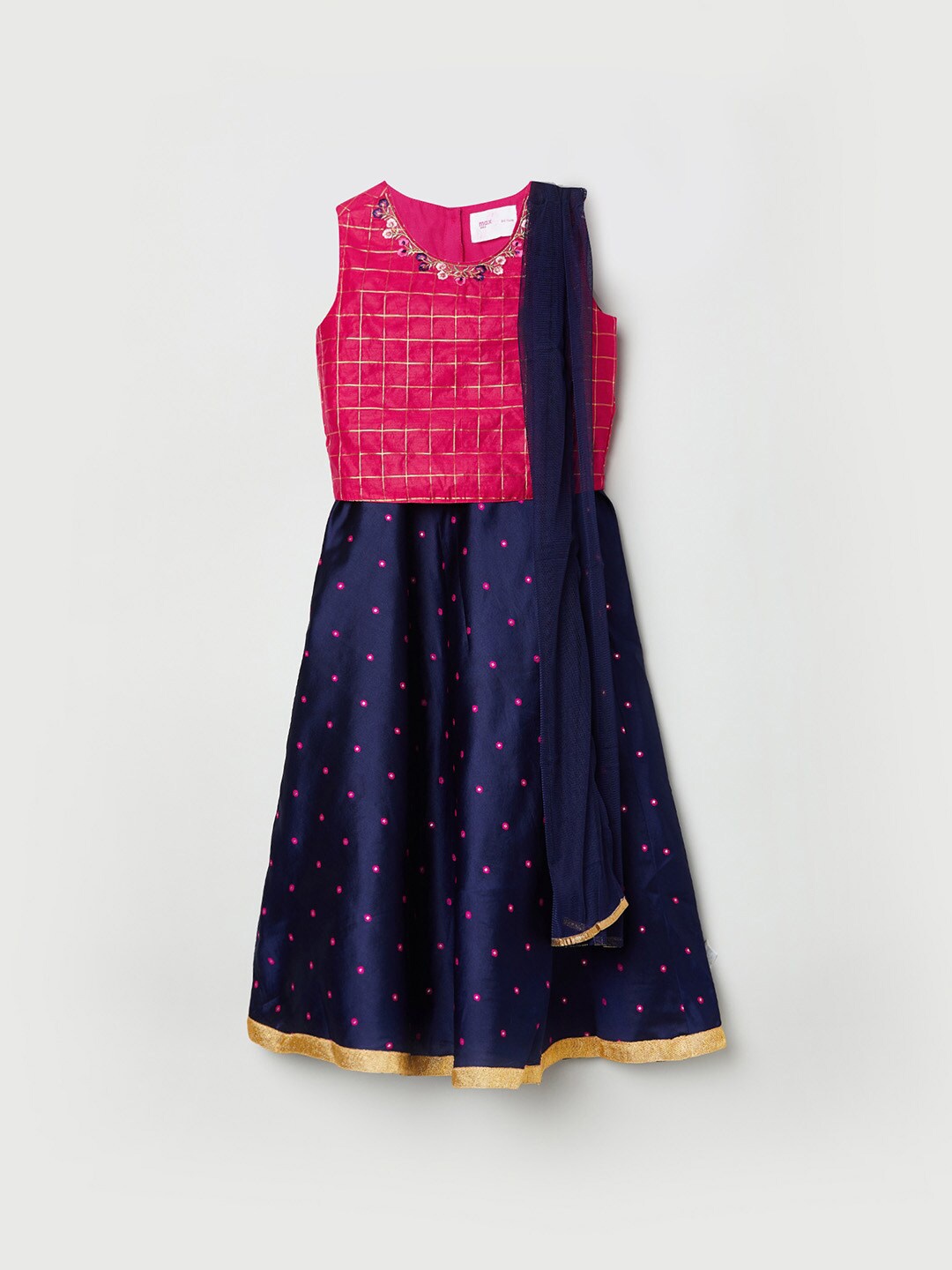 

max Girls Pink & Navy Blue Embroidered Ready to Wear Lehenga & Blouse With Dupatta