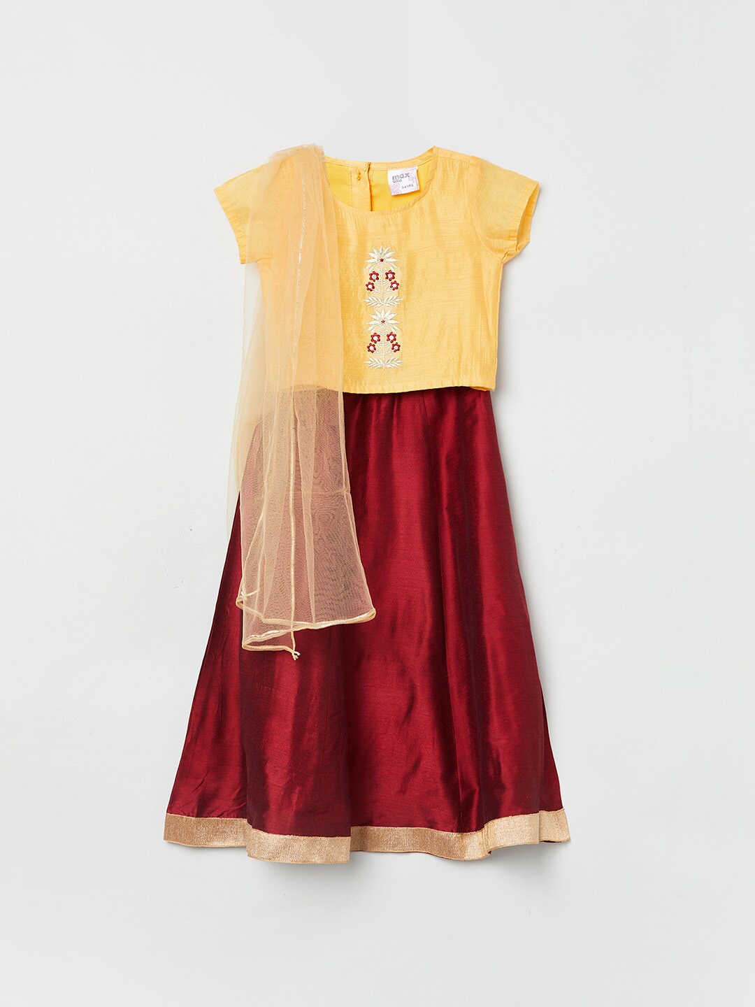 

max Girls Yellow & Maroon Embroidered Ready to Wear Lehenga & Blouse With Dupatta