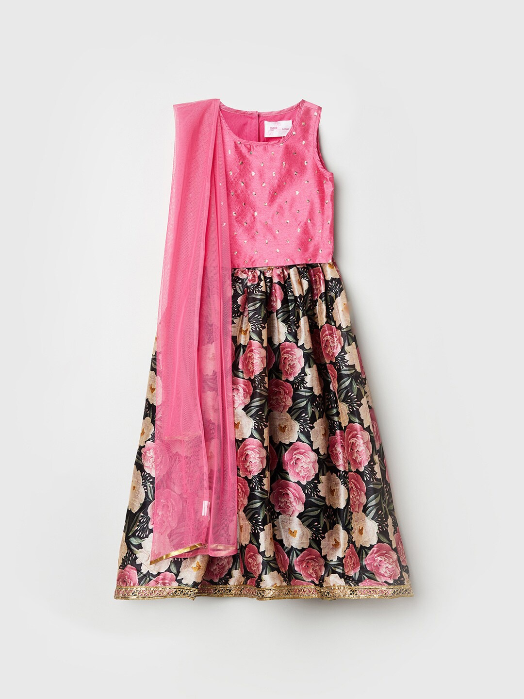 

max Girls Pink & Black Embellished Ready to Wear Lehenga & Blouse With Dupatta