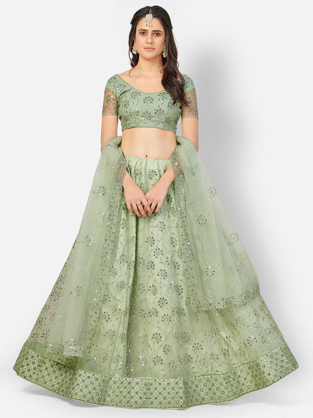 

SHOPGARB Sea Green & Silver-Toned Embroidered Semi-Stitched Lehenga & Unstitched Blouse