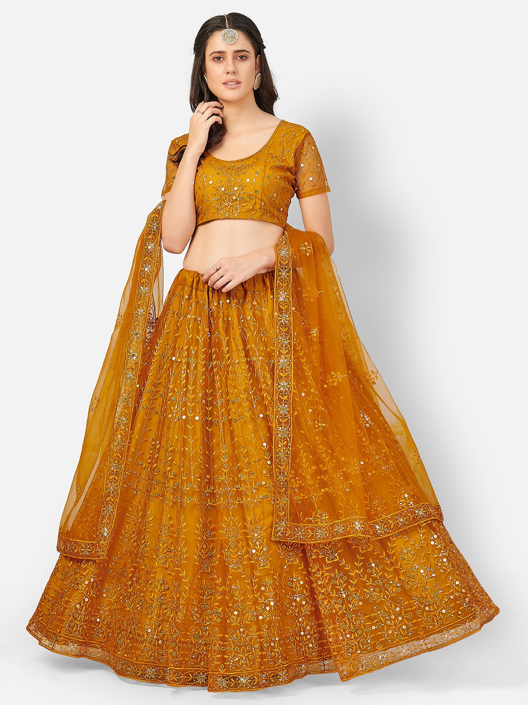 

SHOPGARB Orange & Gold-Toned Embroidered Sequinned Semi-Stitched Lehenga & Unstitched Blouse With Dupatta