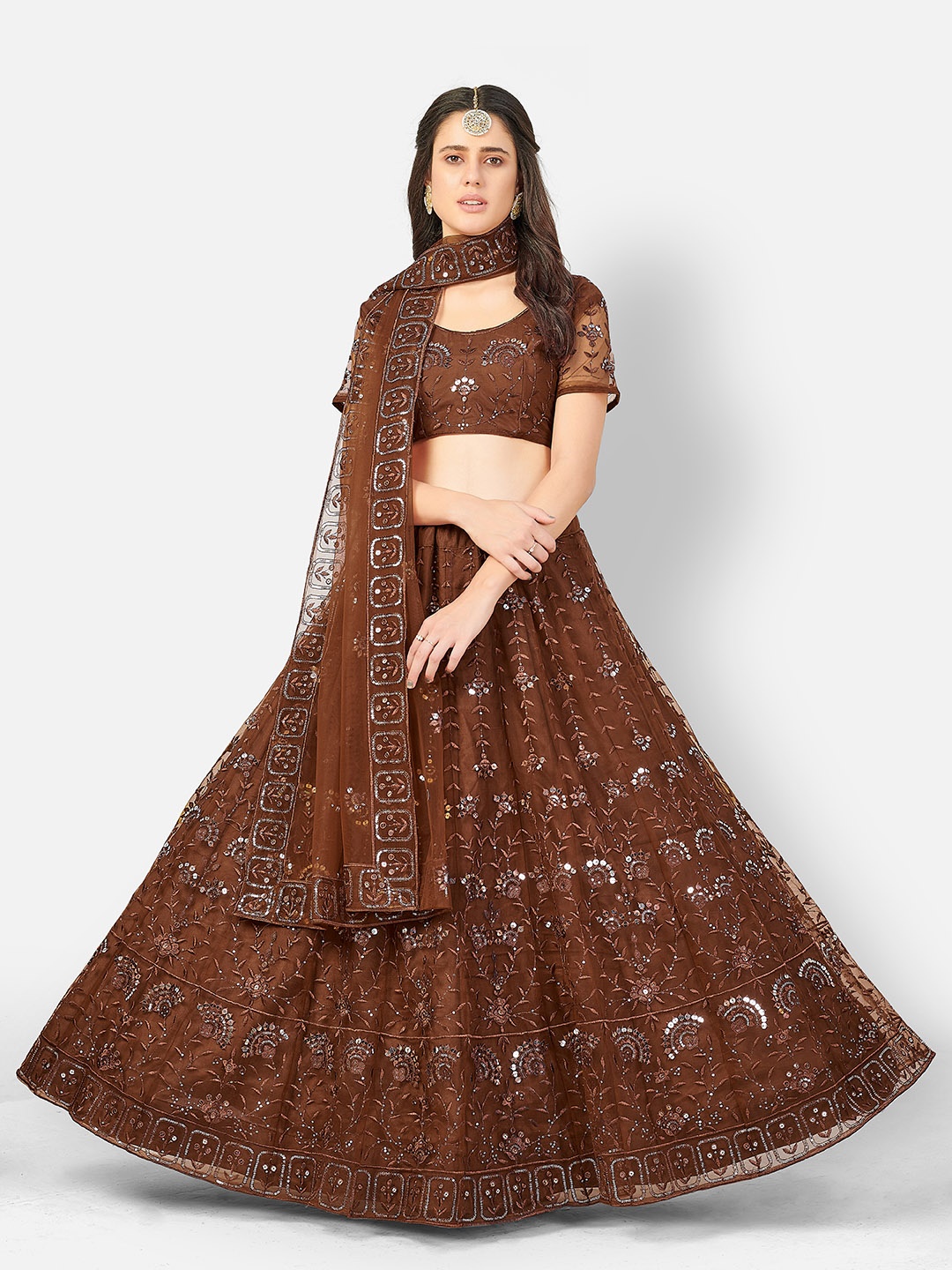 

SHOPGARB Brown & Silver-Toned Semi-Stitched Lehenga & Unstitched Blouse With Dupatta