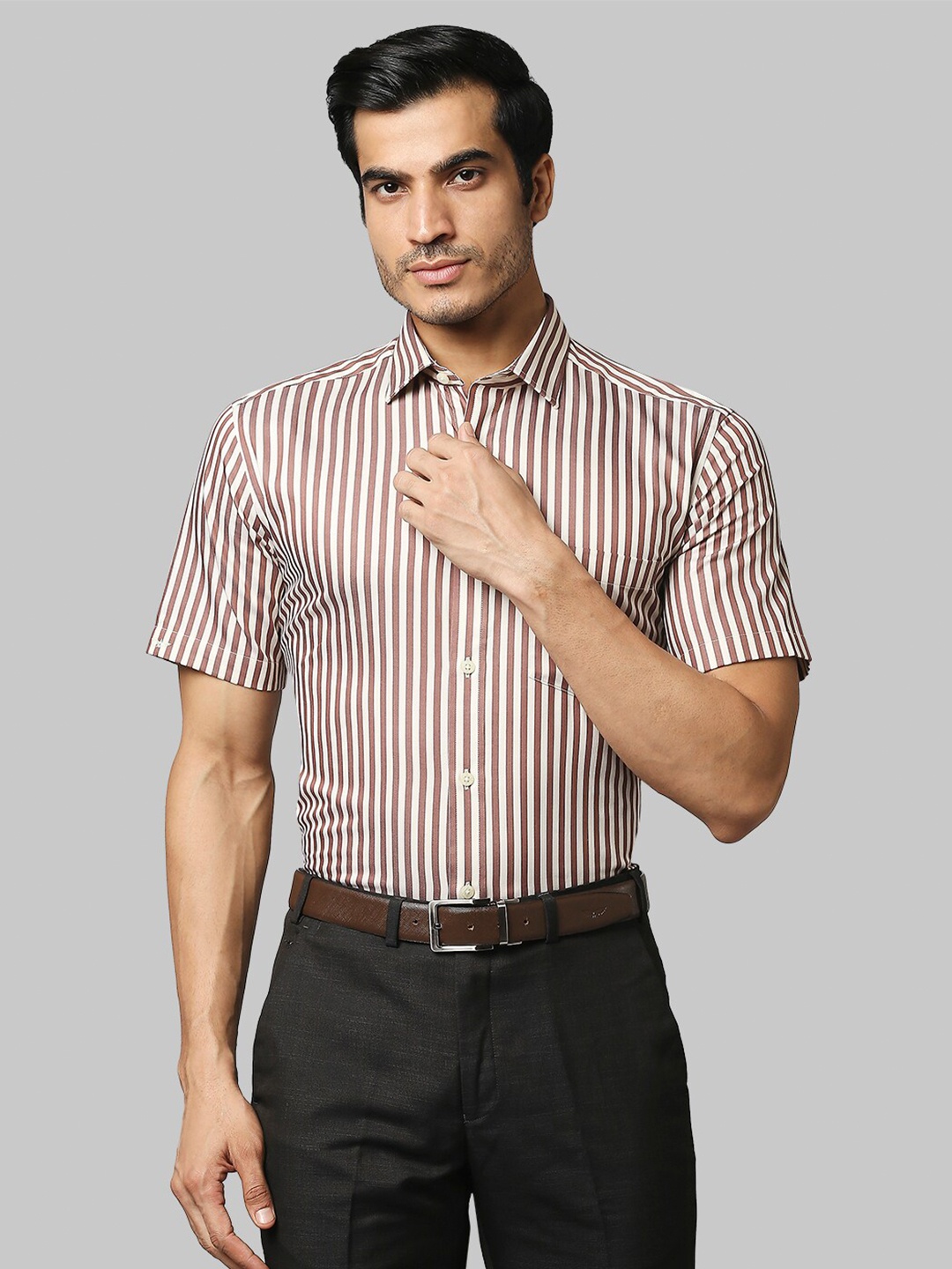 

Park Avenue Men Khaki Striped Formal Shirt