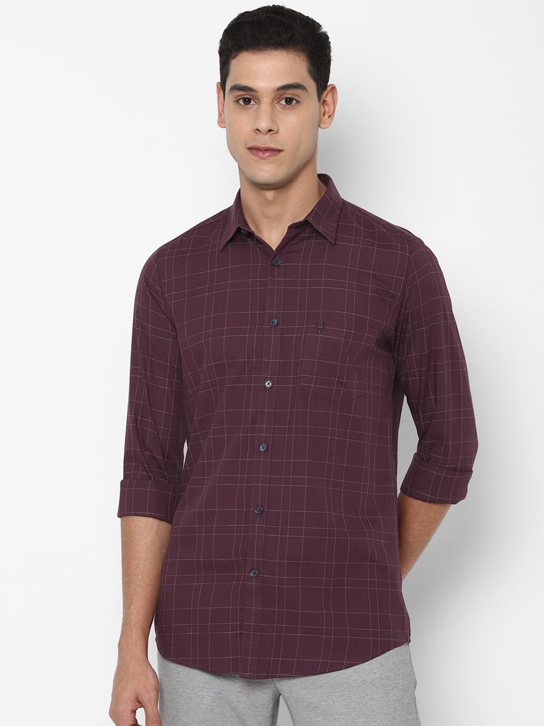 

Allen Solly Men Burgundy Slim Fit Checked Pure Cotton Casual Shirt