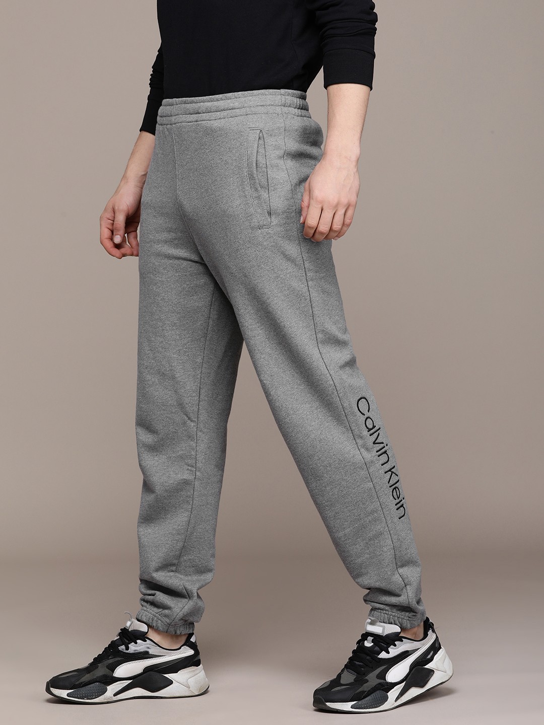 

Calvin Klein Jeans Men Heather Grey Brand Logo Printed Pure Cotton Casual Joggers