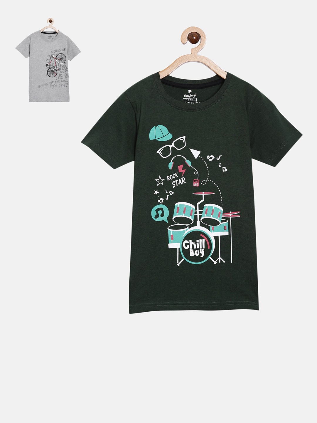 

Peejas Boys Pack of 2 Green & Grey Printed Pure Cotton T-shirt