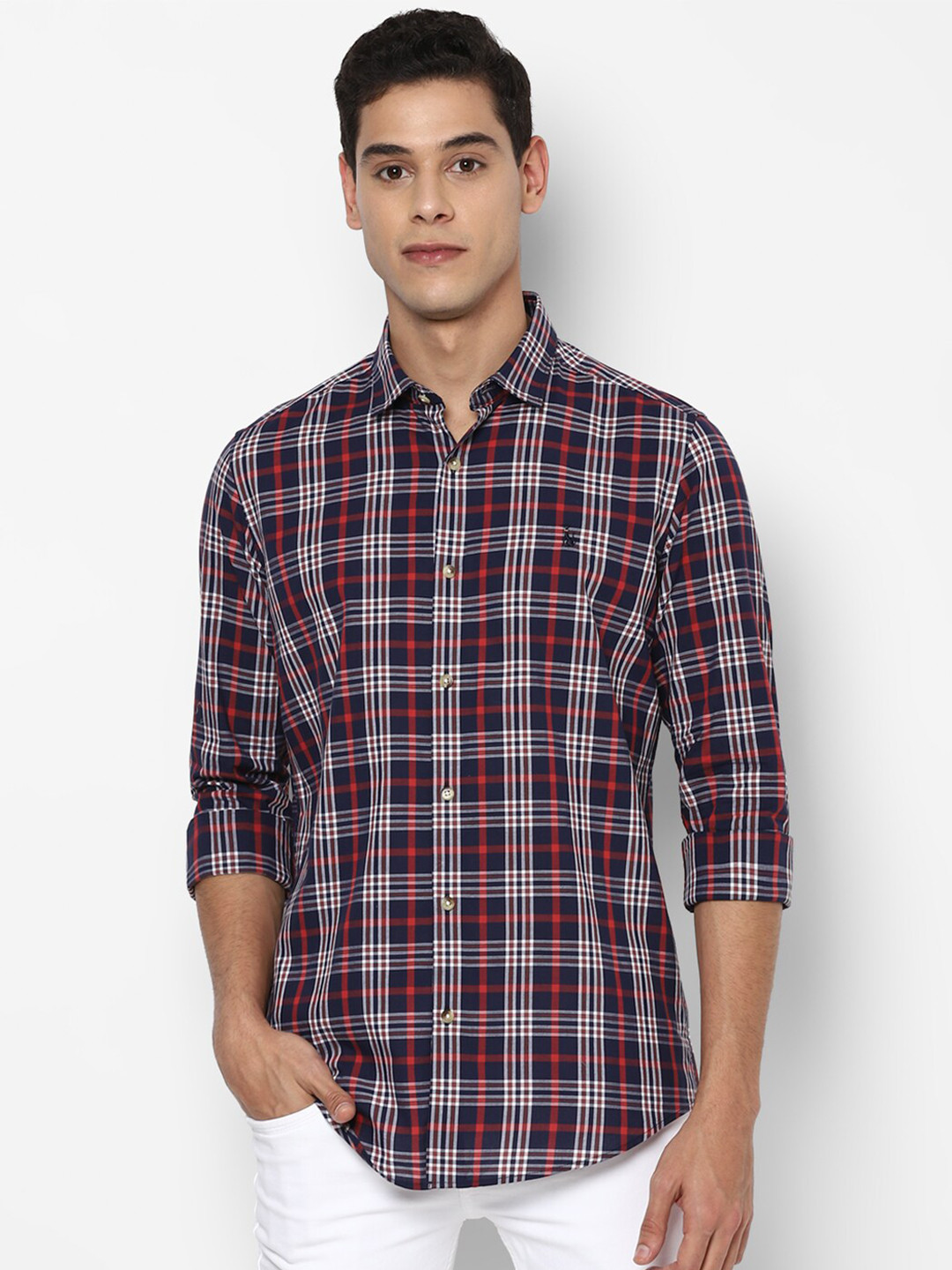 

SIMON CARTER LONDON Men Navy Blue Slim Fit Tartan Checks Checked Pure Cotton Casual Shirt