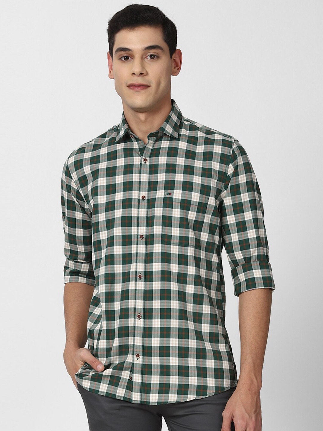 

Peter England Casuals Men Green Slim Fit Tartan Checks Checked Casual Shirt