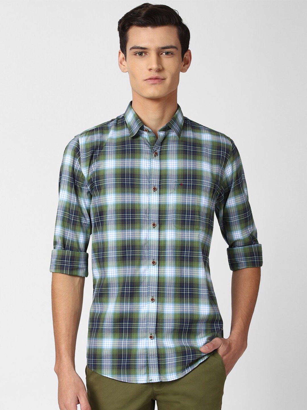 

Peter England Casuals Men Green Slim Fit Tartan Checks Checked Casual Shirt