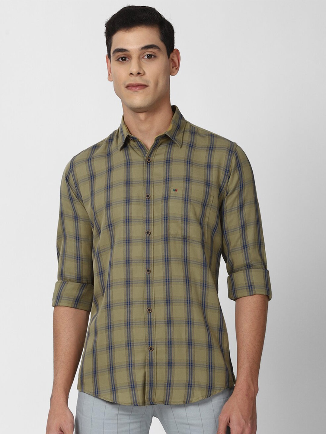 

Peter England Casuals Men Olive Green Slim Fit Tartan Checked Casual Shirt