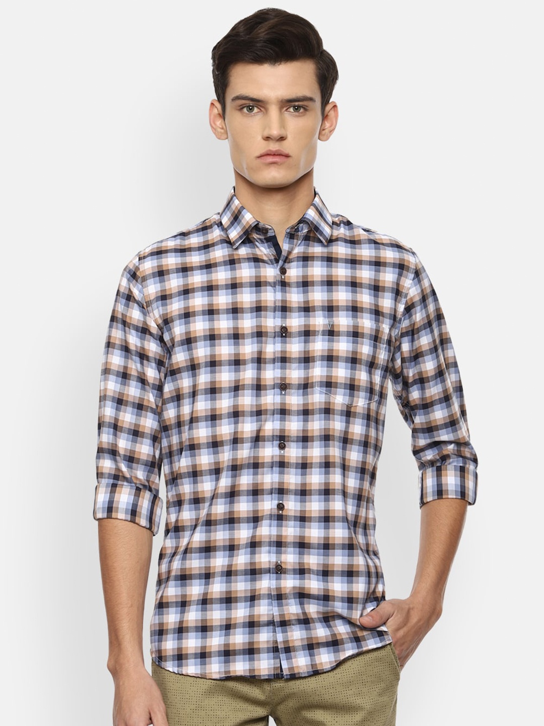 

Van Heusen Sport Men White & Navy Blue Slim Fit Checked Pure Cotton Casual Shirt