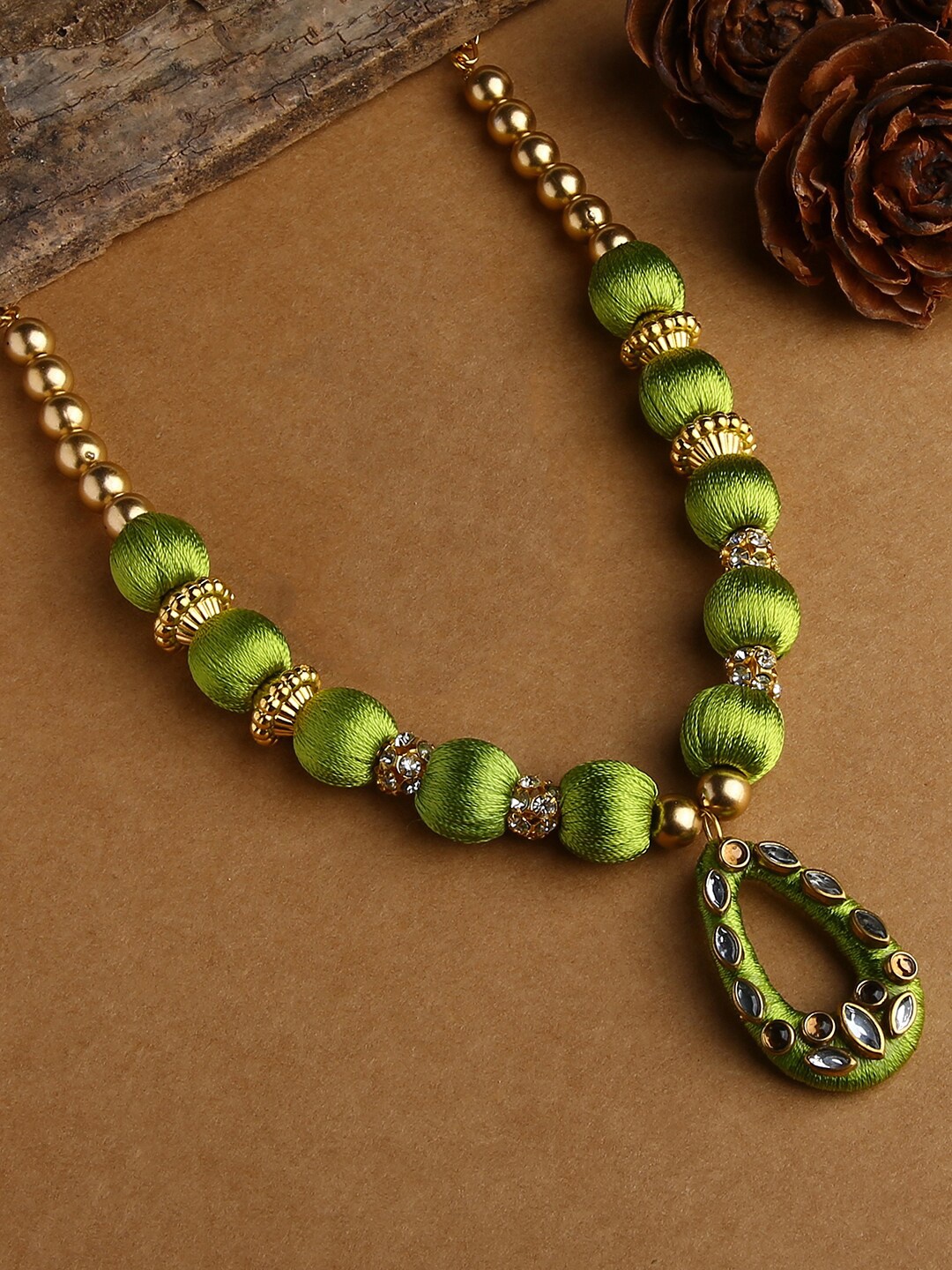 

AKSHARA Women Green & Gold-Toned Beaded Silk Thread Handcrafted Necklace