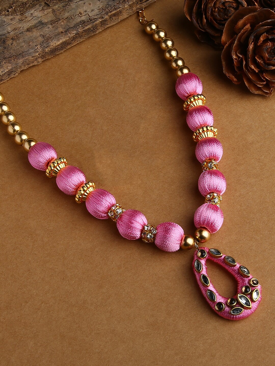 

AKSHARA Pink & Gold-Toned Gold-Plated Silk Thread Necklace
