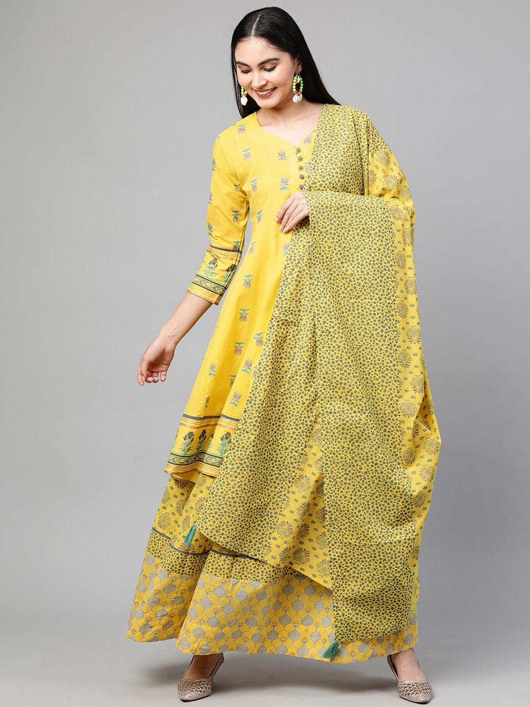

FASHOR Women Yellow Ethnic Motifs Embroidered Empire Pure Cotton Kurti with Sharara & With Dupatta