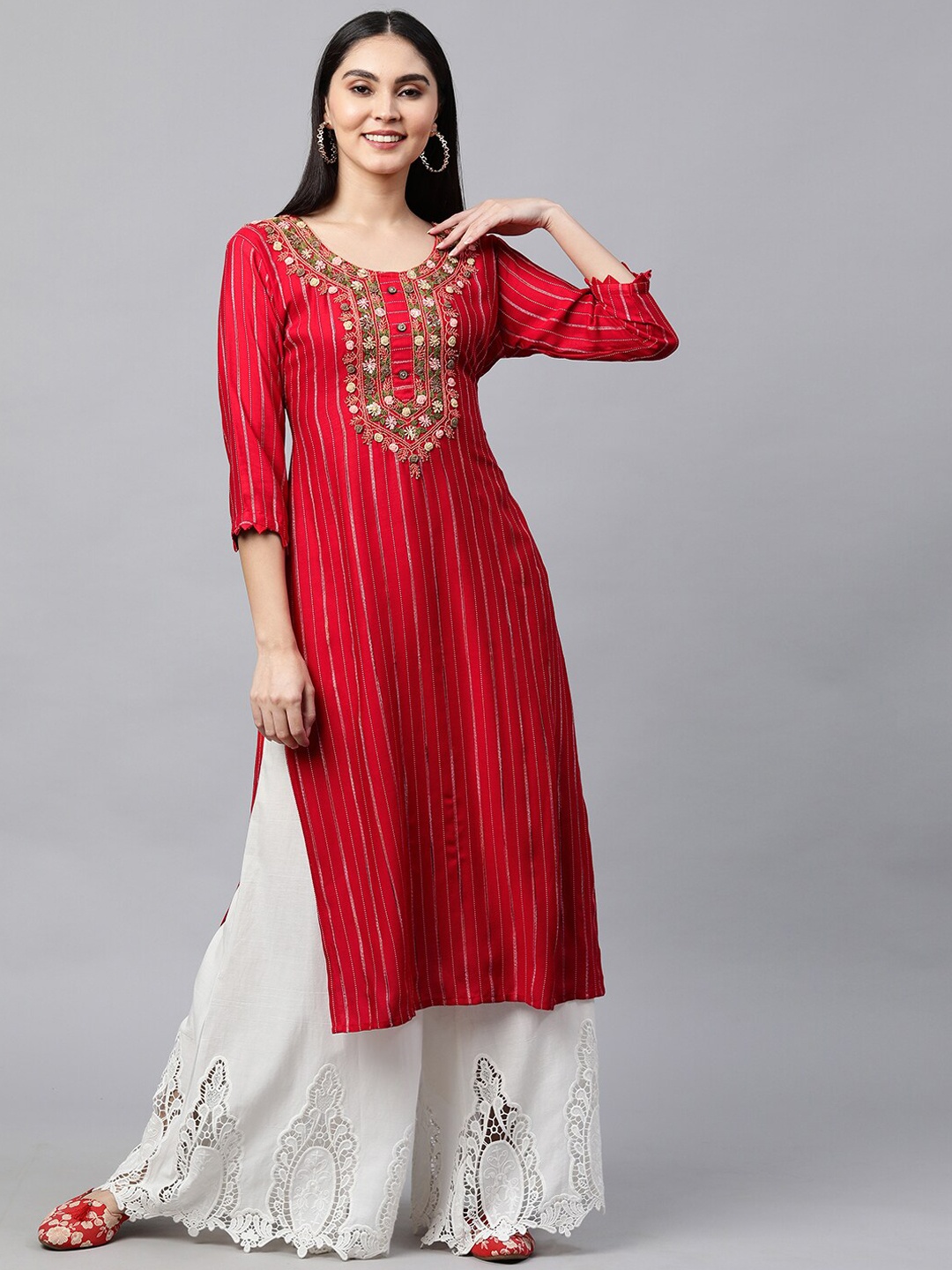 

FASHOR Women Red Ethnic Motifs Striped Straight Kurta