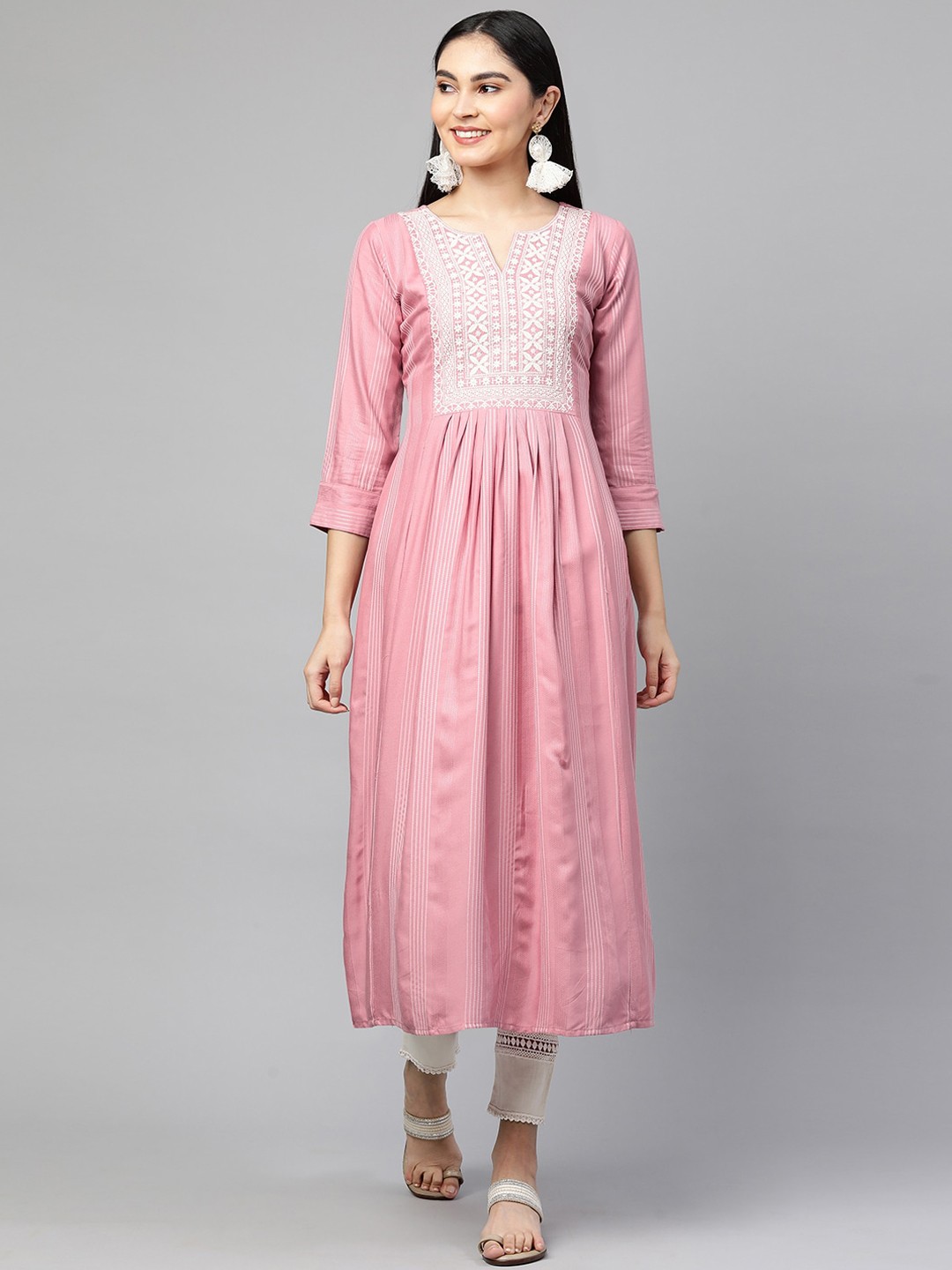 

FASHOR Women Pink Striped Thread Work Anarkali Kurta