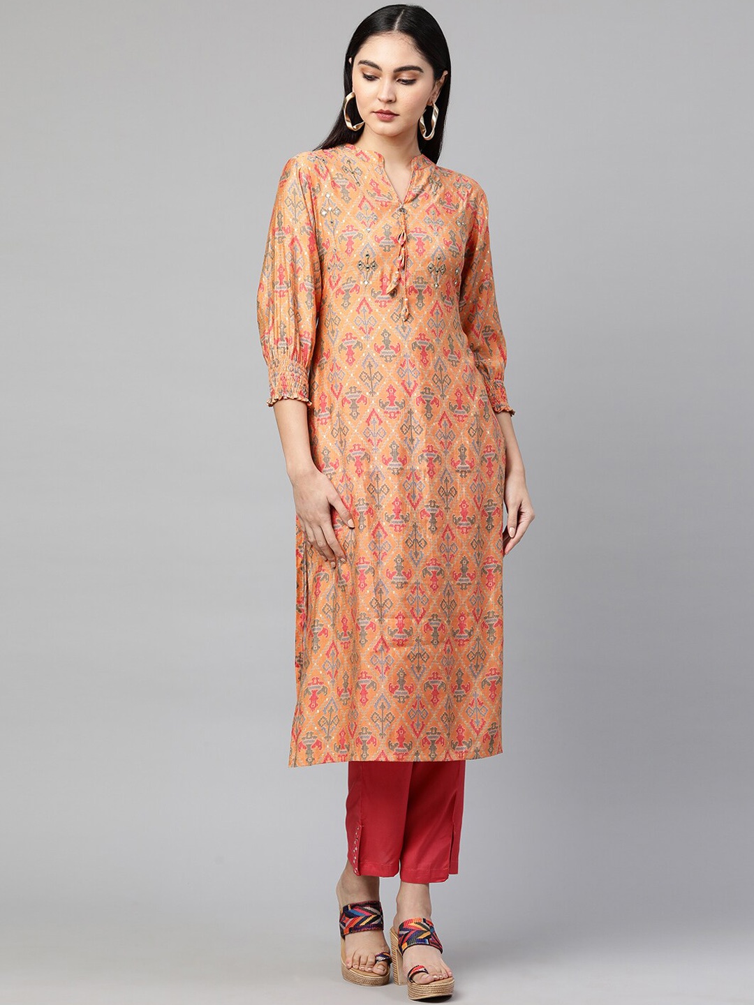 

FASHOR Women Orange Patola Printed Kurta Kurta with Trousers