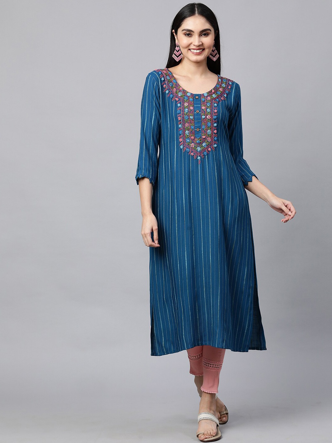 

FASHOR Women Blue Striped Thread Work Kurta