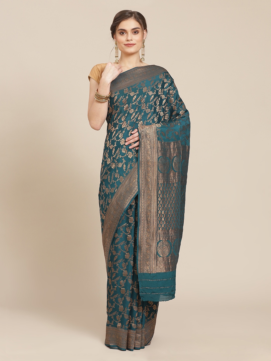

Meena Bazaar Teal & Gold-Toned Ethnic Motifs Zari Pure Crepe Banarasi Saree