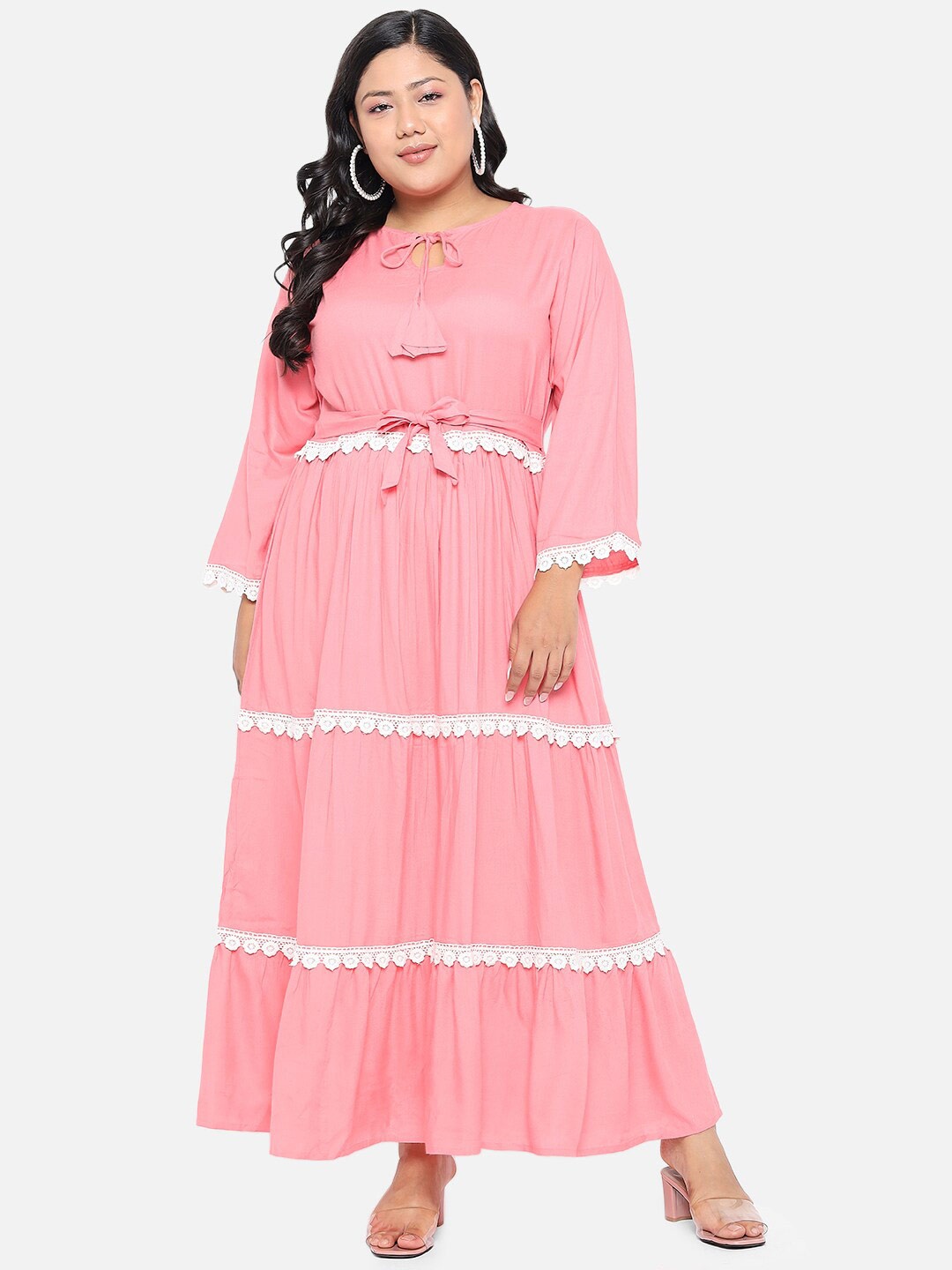 

BEYOUND SIZE - THE DRY STATE Women Pink & White Tie-Up Neck Maxi Dress