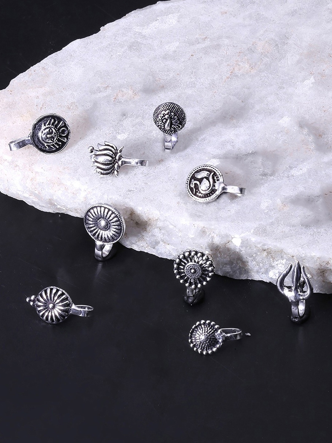 

Yellow Chimes Set Of 8 Silver-Plated Oxidised Nose-Pins