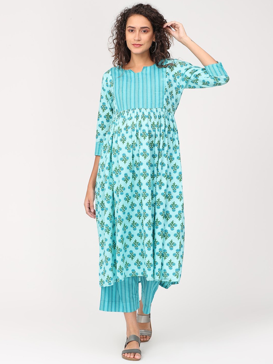 

The Mom Store Women Blue Printed Nursing and Maternity Anarkali Kurta with Trousers, Turquoise blue