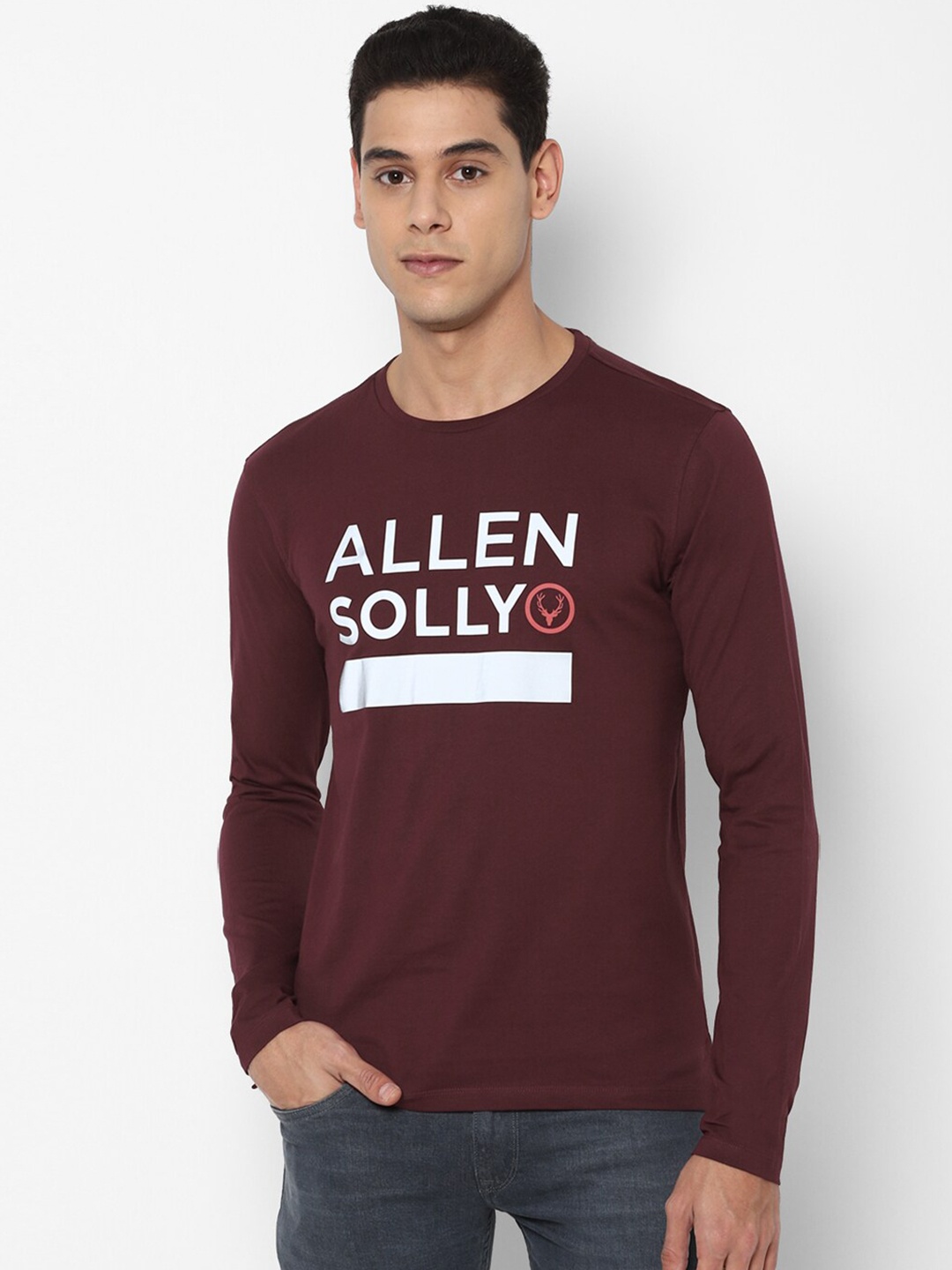 

Allen Solly Men Maroon & White Brand Logo Printed Pure Cotton T-shirt