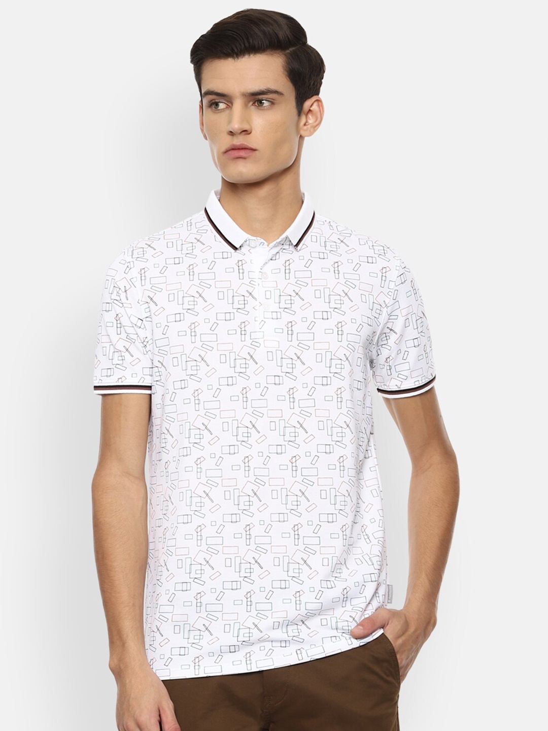 

V Dot Men White & Black Printed Polo Collar Slim Fit T-shirt