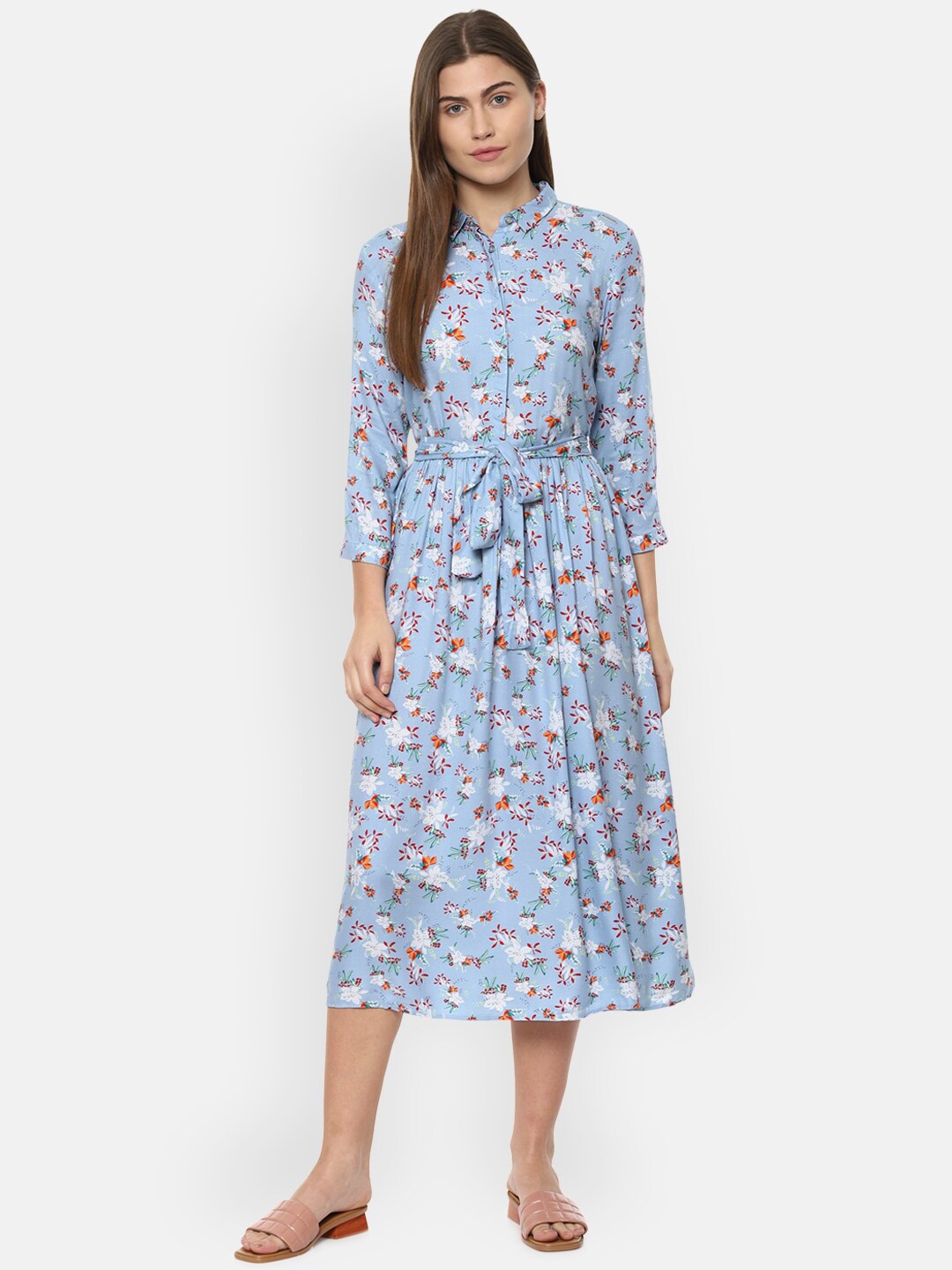 

Van Heusen Woman Women Blue & White Floral Printed Belted Shirt Midi Dress