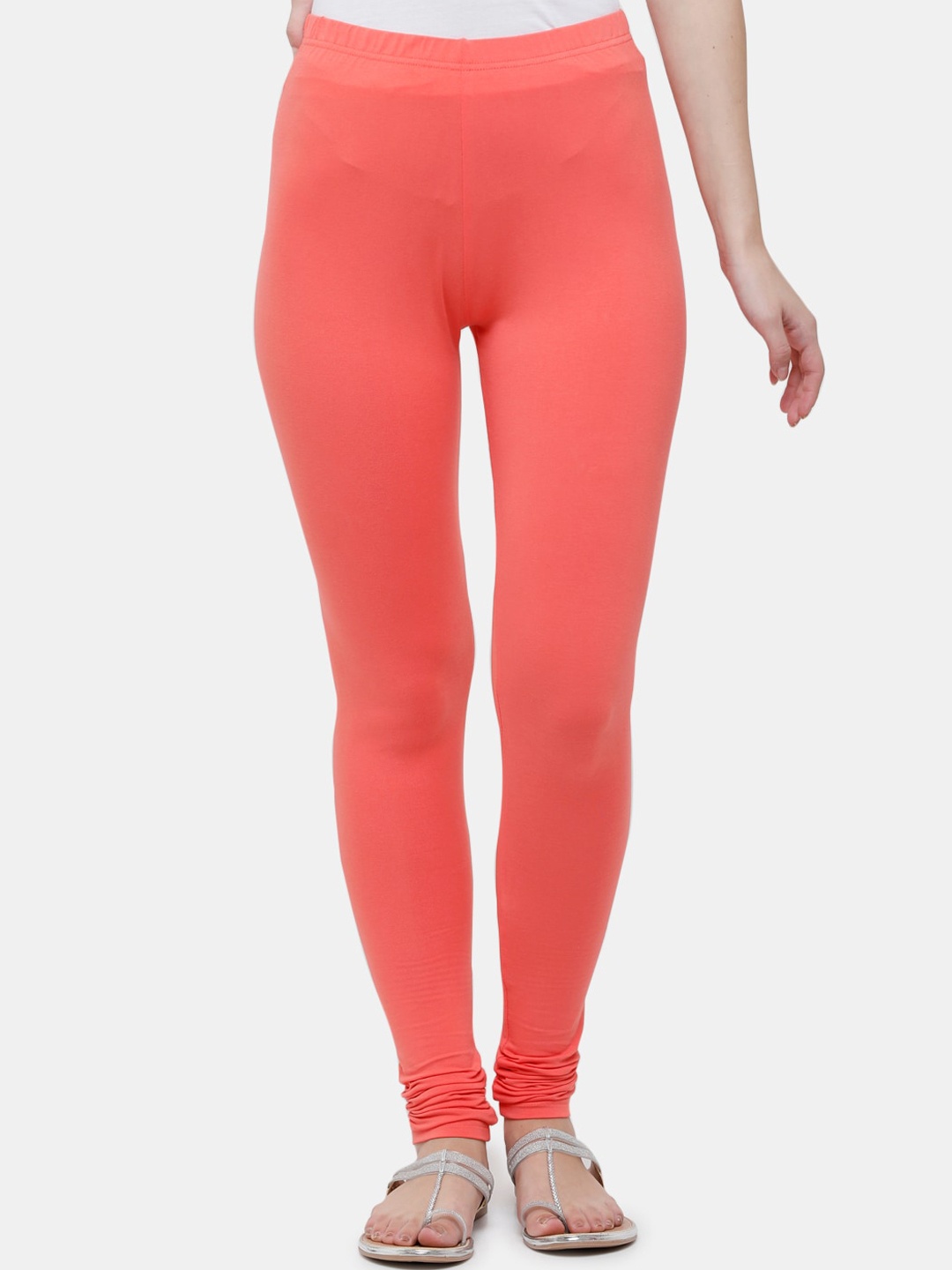 

De Moza Women Coral Pink Solid Churidar Length Leggings
