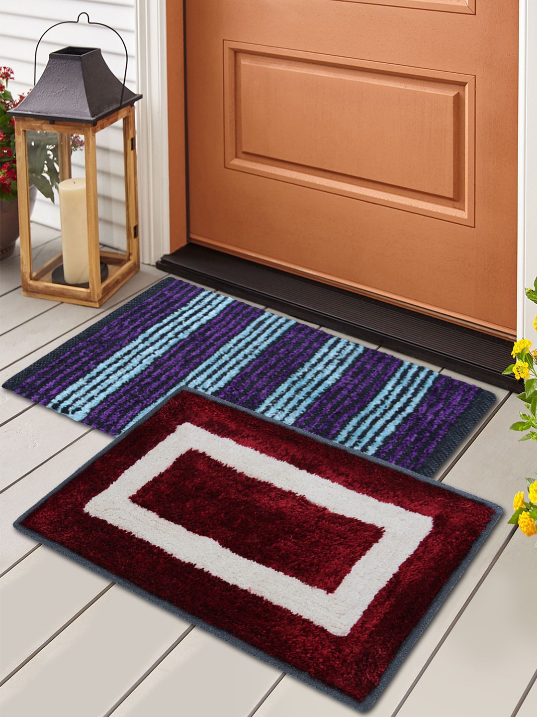 

Story@home Set Of 2 Printed Anti-Skid Doormats, Blue