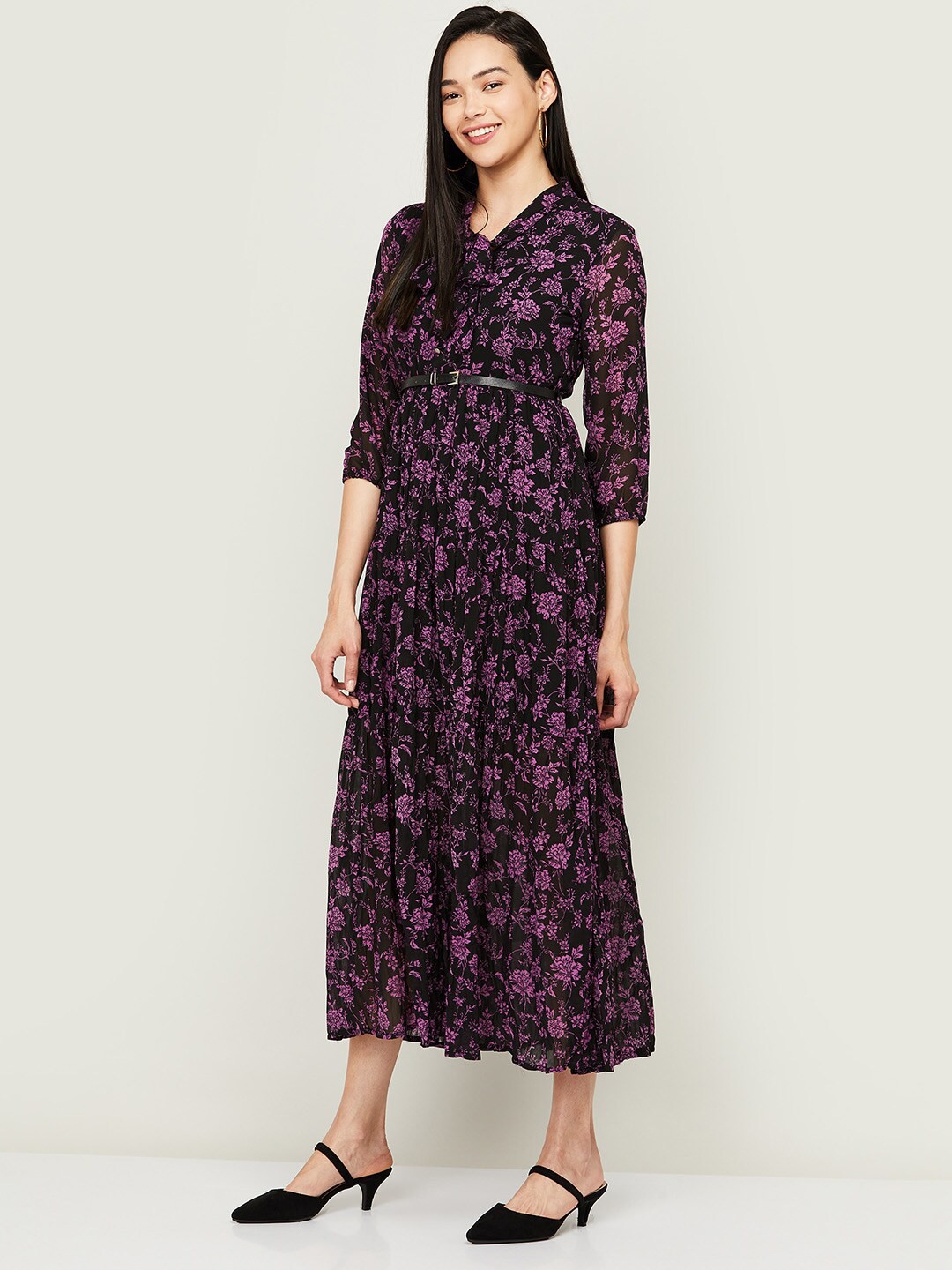 

CODE by Lifestyle Black & Purple Floral Tie-Up Neck A-Line Midi Dress