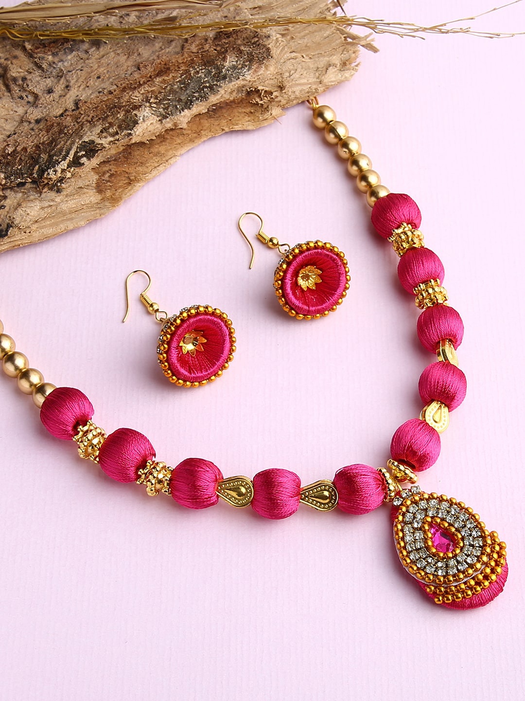 

AKSHARA Gold-Toned & Pink Stones-Studded & Beaded Wooden Balls Silk Thread Jewellery Set