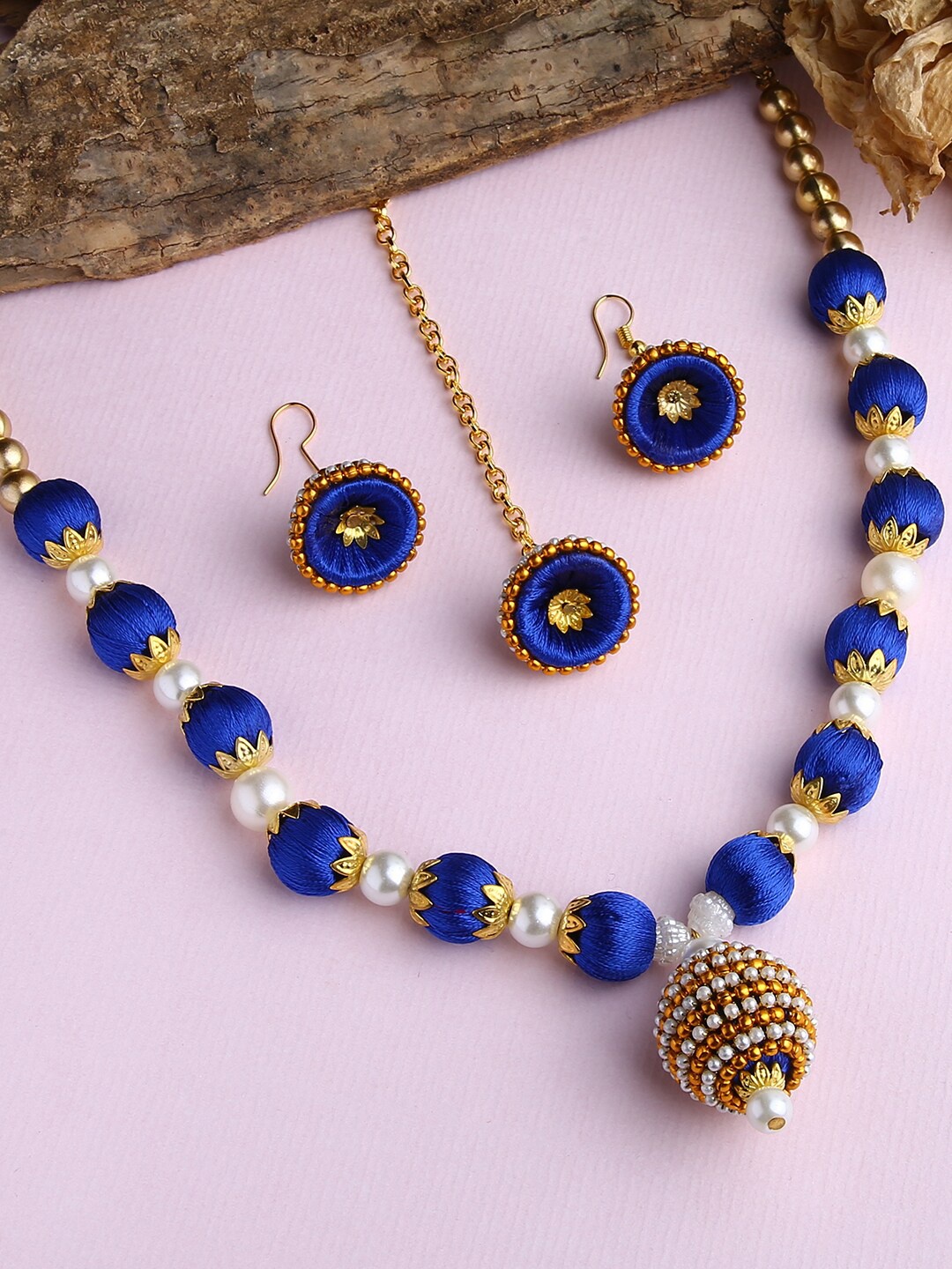 

AKSHARA Gold-Plated White & Blue Stone-Studded & Beaded Wooden Balls Silk Thread Jewellery Set